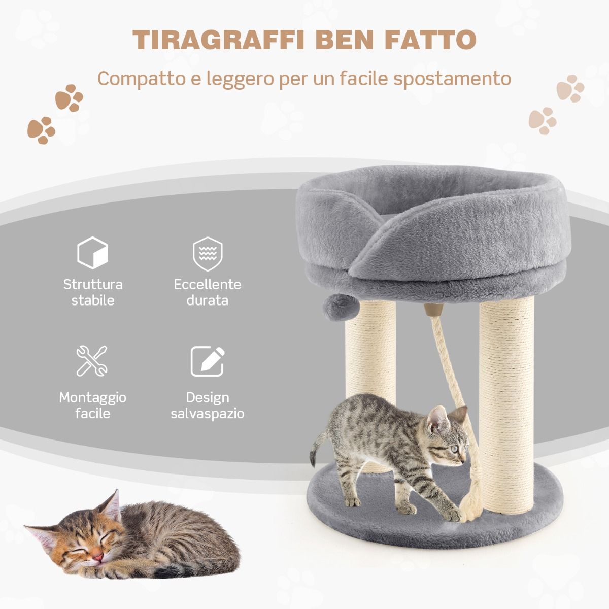 Albero per Gatti, Torre per Gatti, Tiragraffi per Gatti, Albero del Gatto base imbottita, 43 x 43 x 53 cm, Grigio, Costway, 7