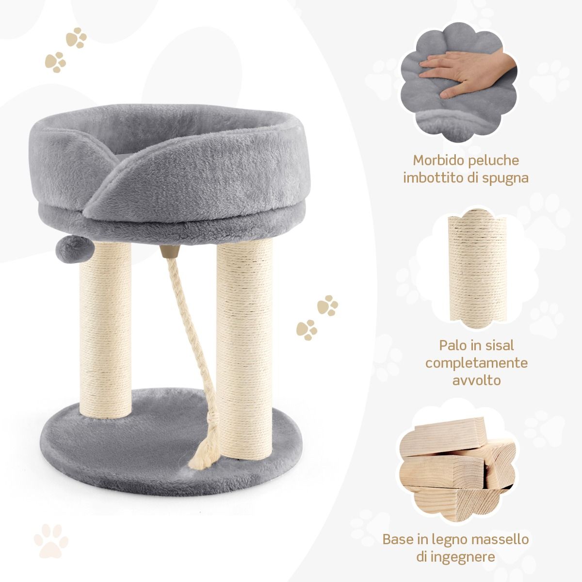Albero per Gatti, Torre per Gatti, Tiragraffi per Gatti, Albero del Gatto base imbottita, 43 x 43 x 53 cm, Grigio, Costway, 8