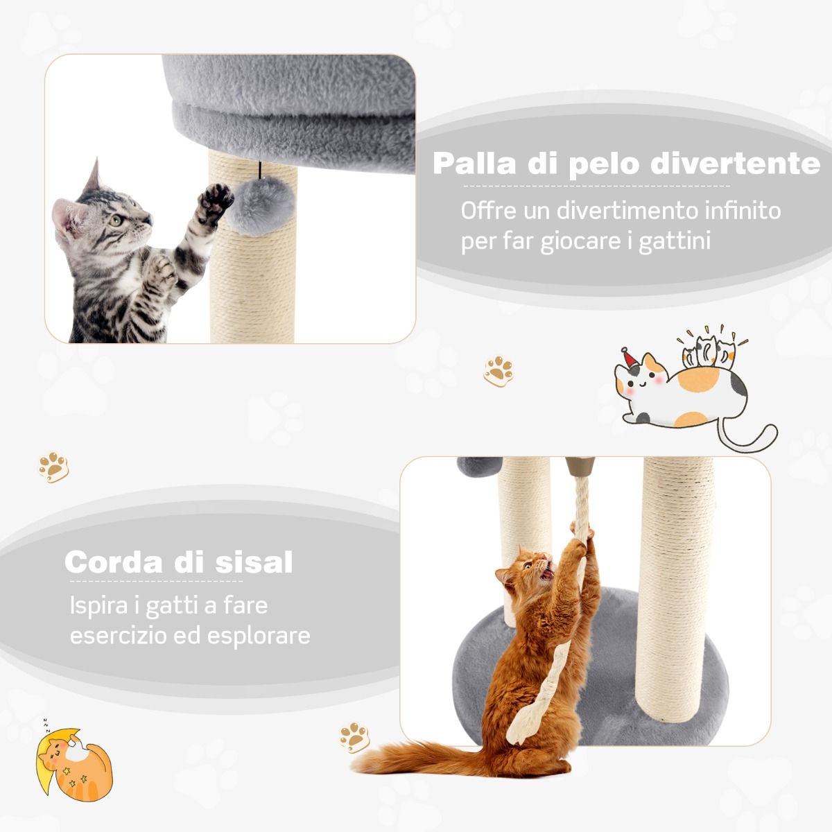 Albero per Gatti, Torre per Gatti, Tiragraffi per Gatti, Albero del Gatto base imbottita, 43 x 43 x 53 cm, Grigio, Costway, 9