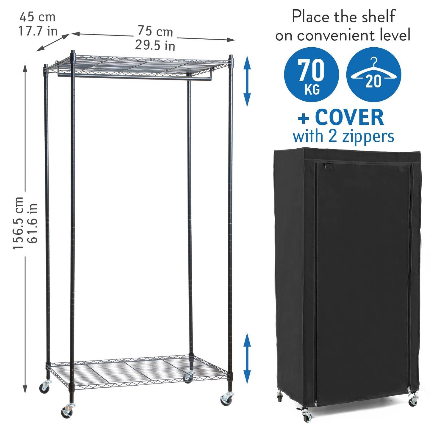 Armadio in Tessuto, Resistente, portata 70 kg, Armadio portatile, Appendiabiti con Ruote, Copertura Cotone Nero, art moon Buffalo, 2