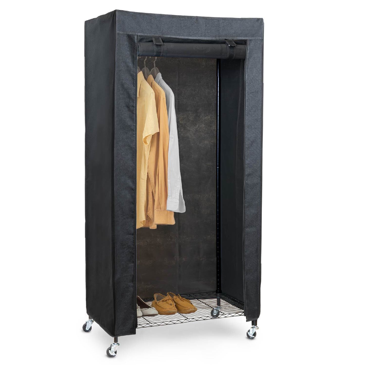 Armadio in Tessuto, Resistente, portata 70 kg, Armadio portatile, Appendiabiti con Ruote, Copertura Lino Nero, art moon Buffalo, 3