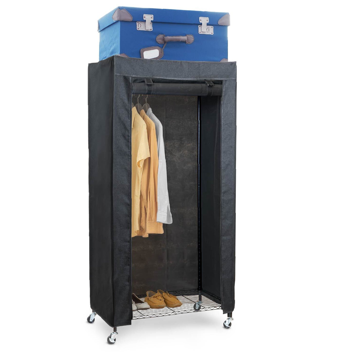 Armadio in Tessuto, Resistente, portata 70 kg, Armadio portatile, Appendiabiti con Ruote, Copertura Lino Nero, art moon Buffalo, 8