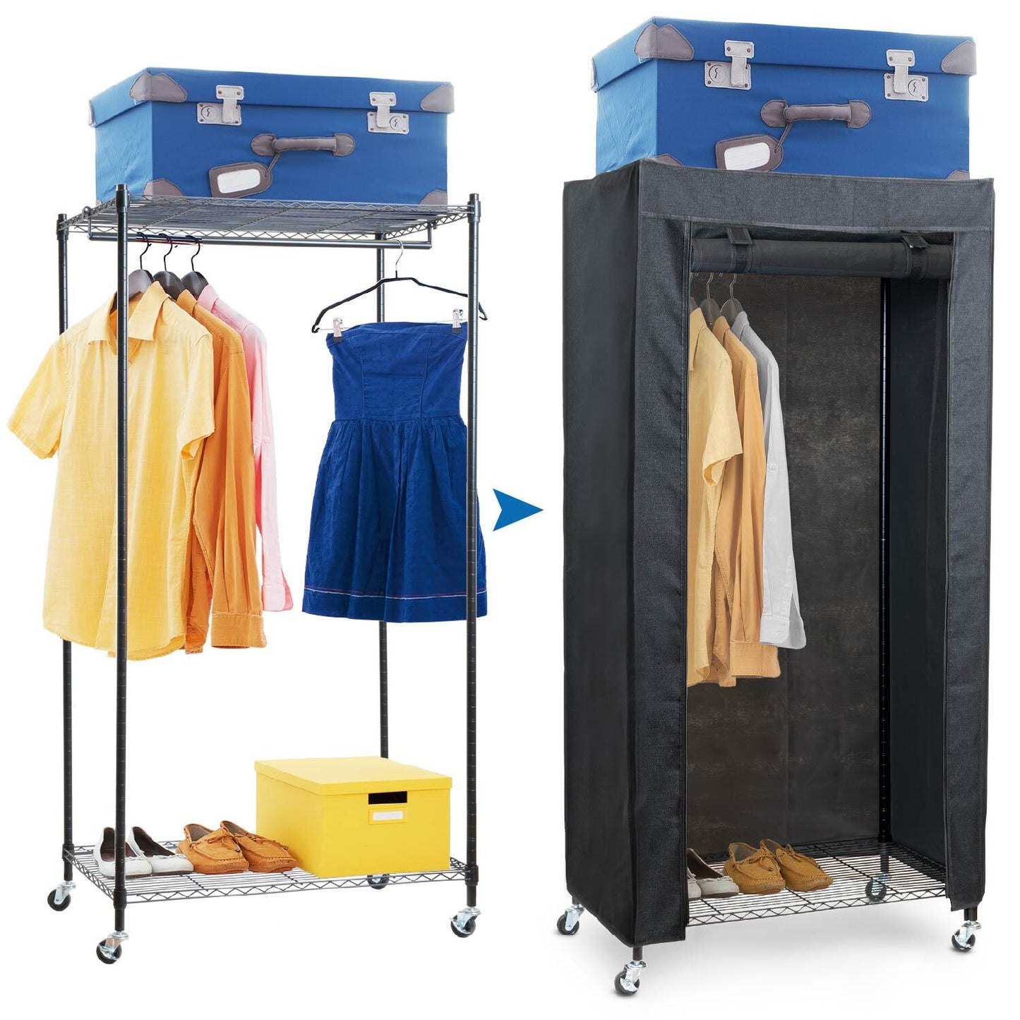 Armadio in Tessuto, Resistente, portata 70 kg, Armadio portatile, Appendiabiti con Ruote, Copertura Lino Nero, art moon Buffalo, 1