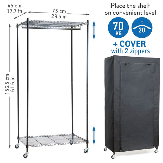 Armadio in Tessuto, Resistente, portata 70 kg, Armadio portatile, Appendiabiti con Ruote, Copertura Lino Nero, art moon Buffalo, 2