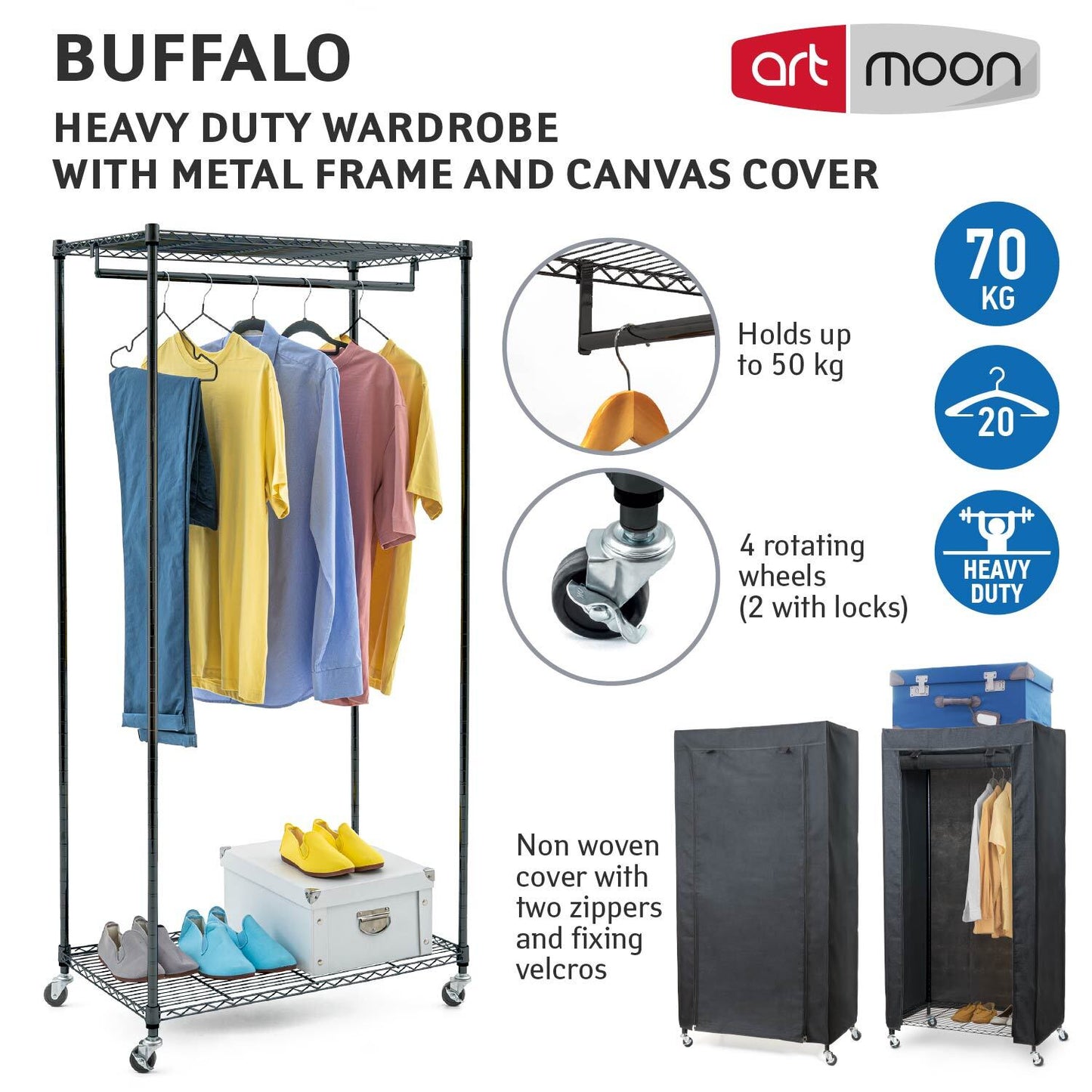 Armadio in Tessuto, Resistente, portata 70 kg, Armadio portatile, Appendiabiti con Ruote, Copertura Lino Nero, art moon Buffalo, 3