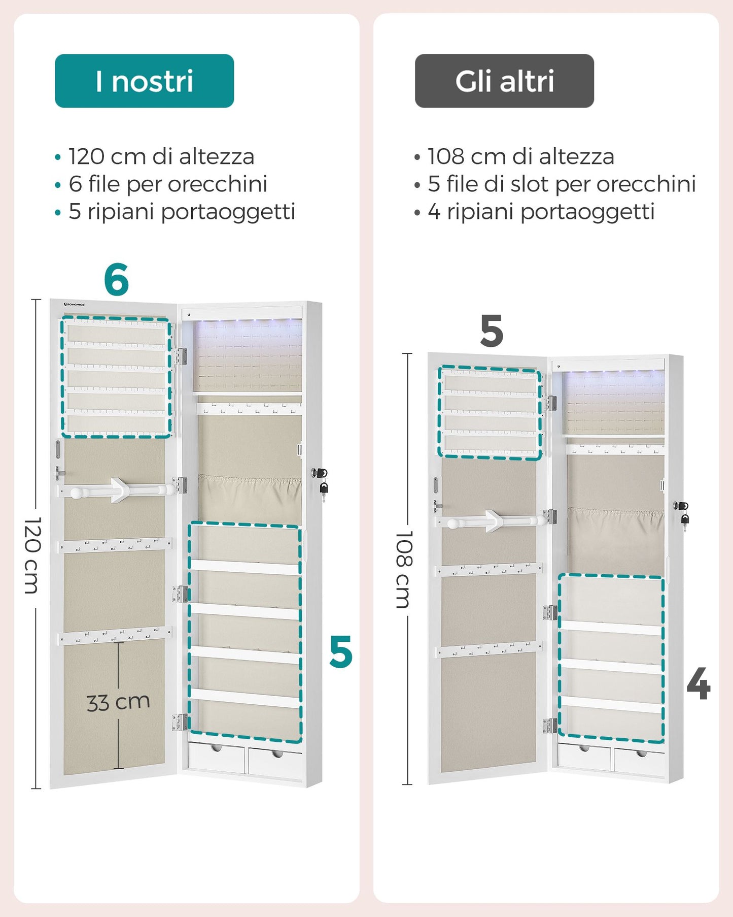 Armadio portagioie, Specchio Portagioie, Specchiera Portagioielli, Armadietto Porta Gioielli, Portagioie, Songmics, 7