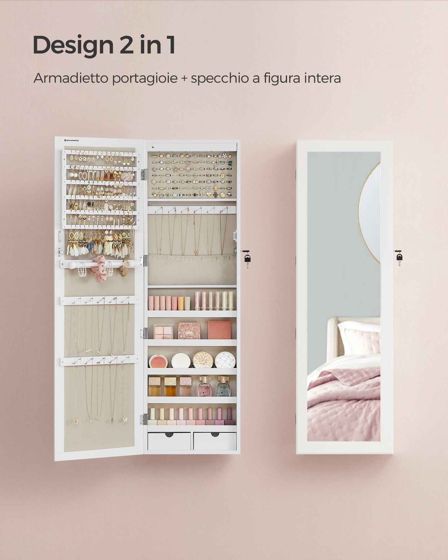 Armadio portagioie, Specchio Portagioie, Specchiera Portagioielli, Armadietto Porta Gioielli, Portagioie, Songmics, 3