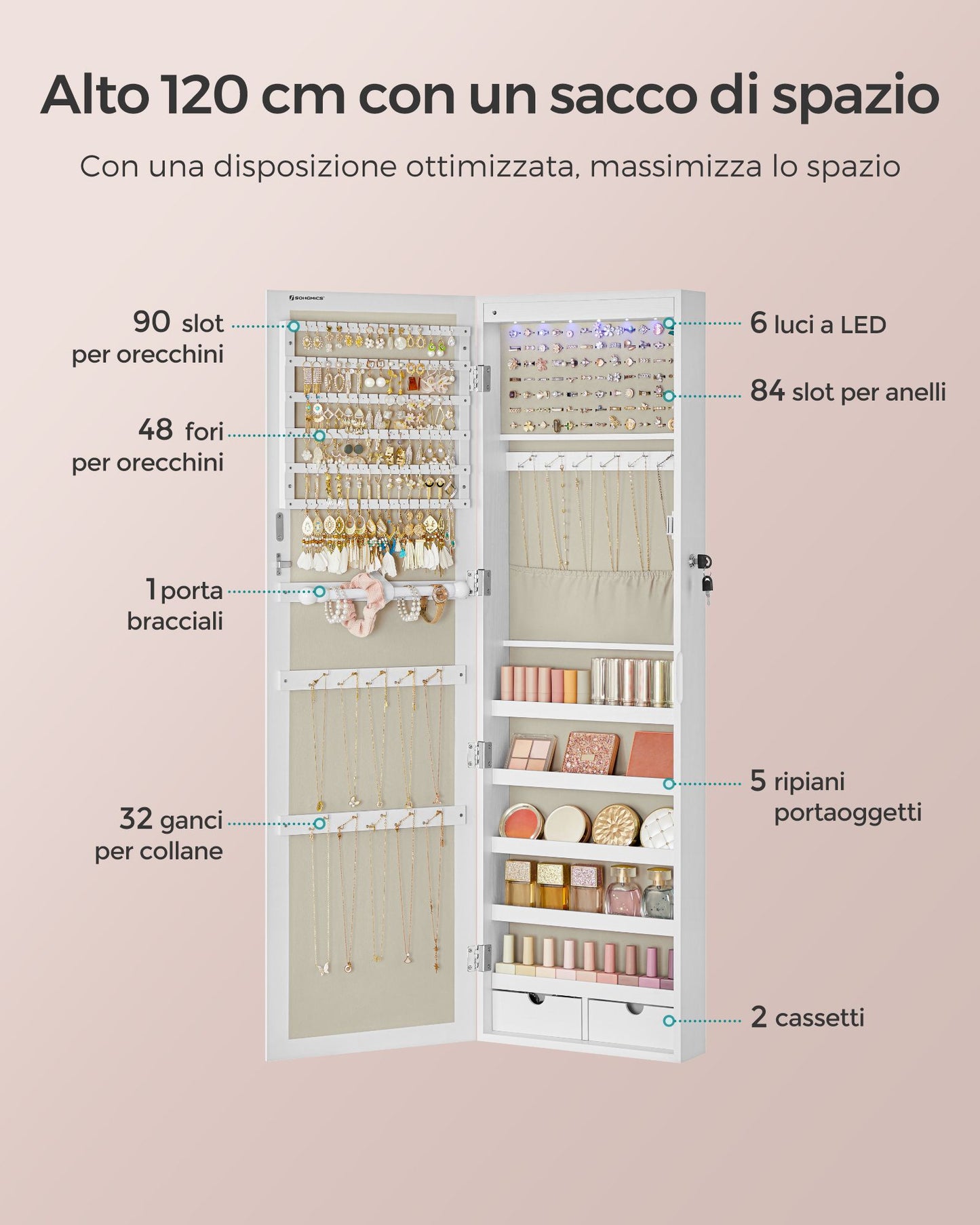Armadio portagioie, Specchio Portagioie, Specchiera Portagioielli, Armadietto Porta Gioielli, Portagioie, Songmics, 4