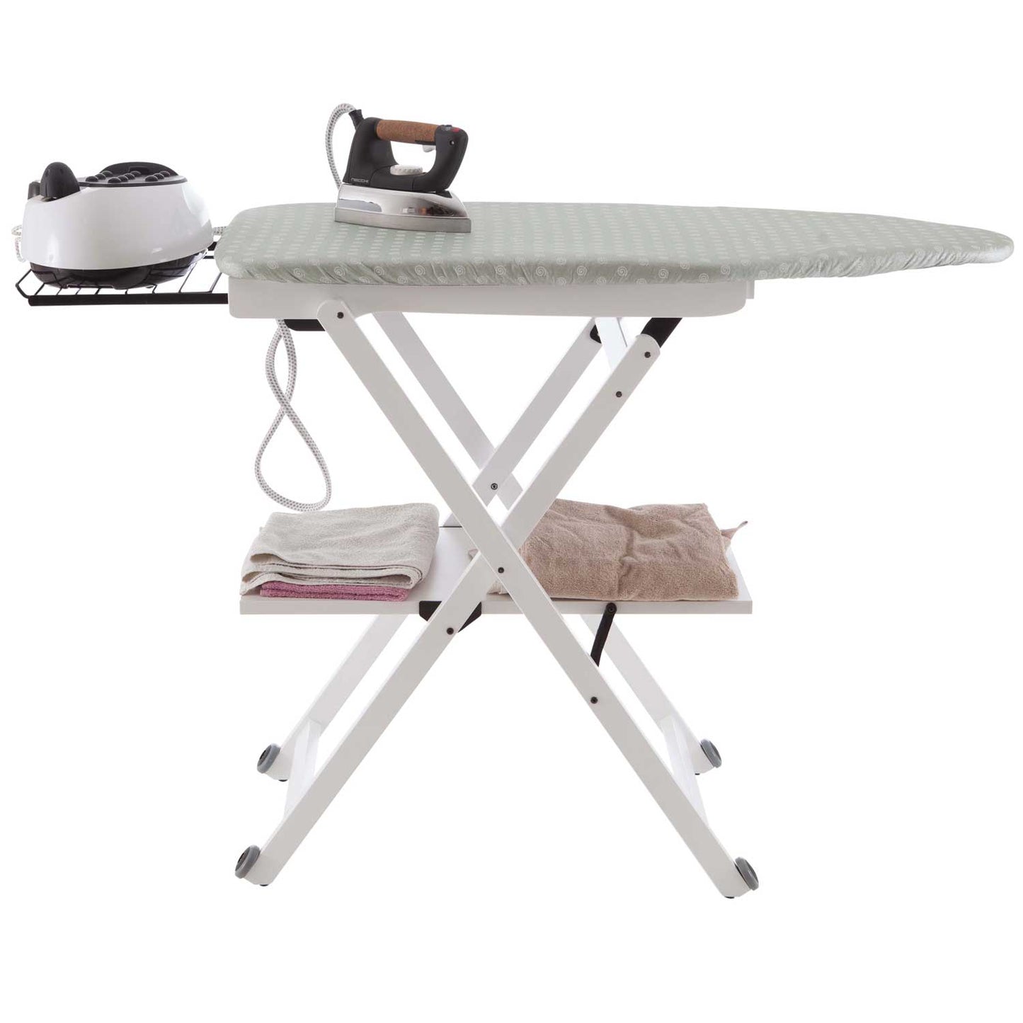Asse da stiro STIROCOMODO, Altezza regolabile: 84-88-91-93 cm, ruote alla base, portaferro scorrevole - Colore bianco1