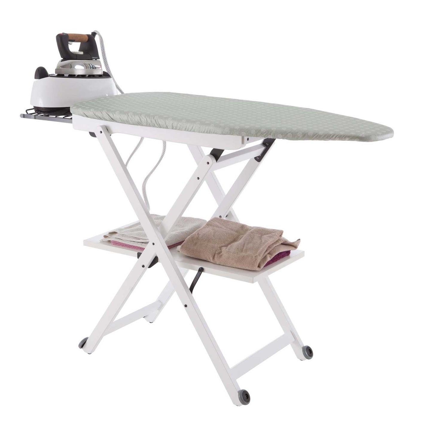 Asse da stiro STIROCOMODO, Altezza regolabile: 84-88-91-93 cm, ruote alla base, portaferro scorrevole - Colore bianco, 3