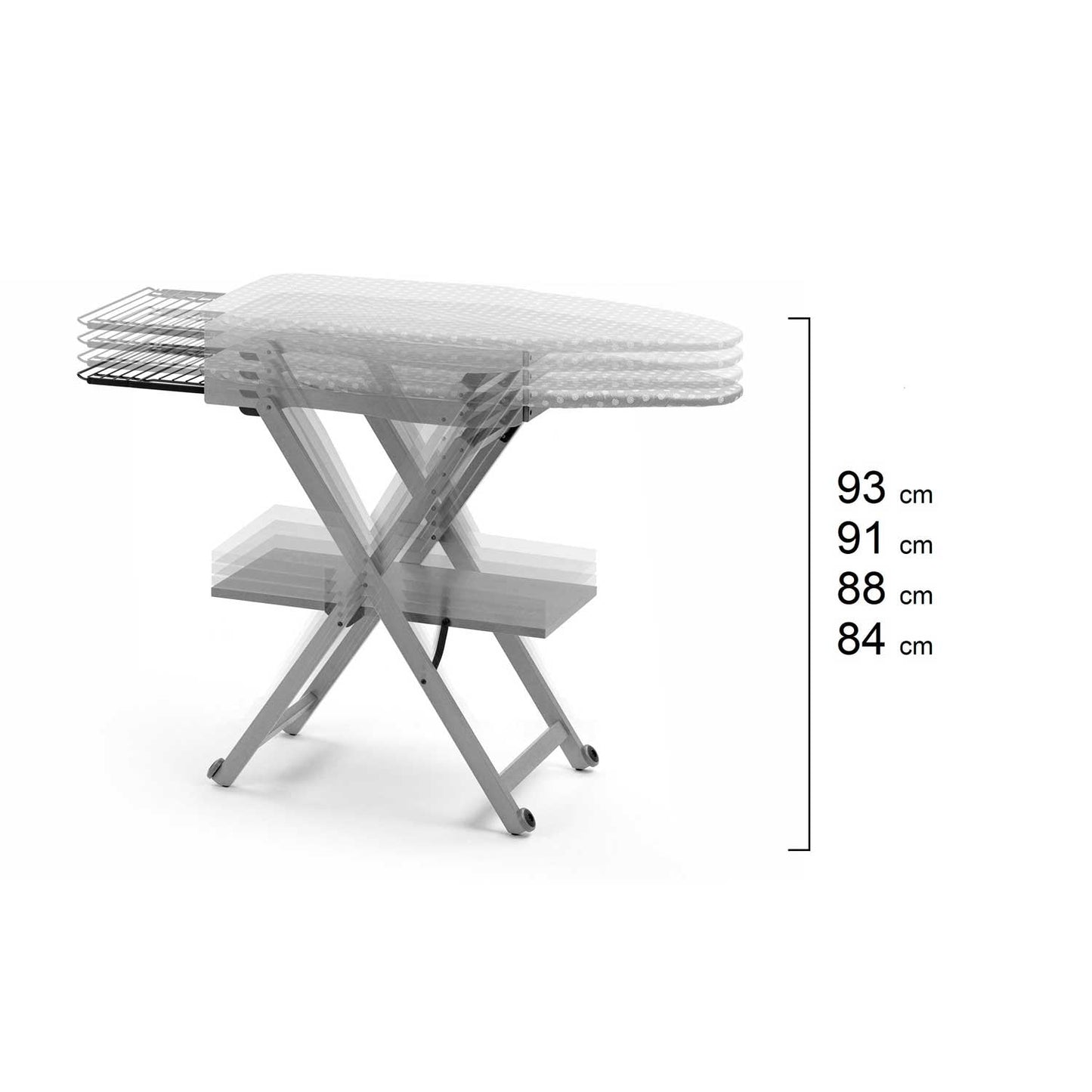 Asse da stiro STIROCOMODO, Altezza regolabile: 84-88-91-93 cm, ruote alla base, portaferro scorrevole - Colore bianco, 7