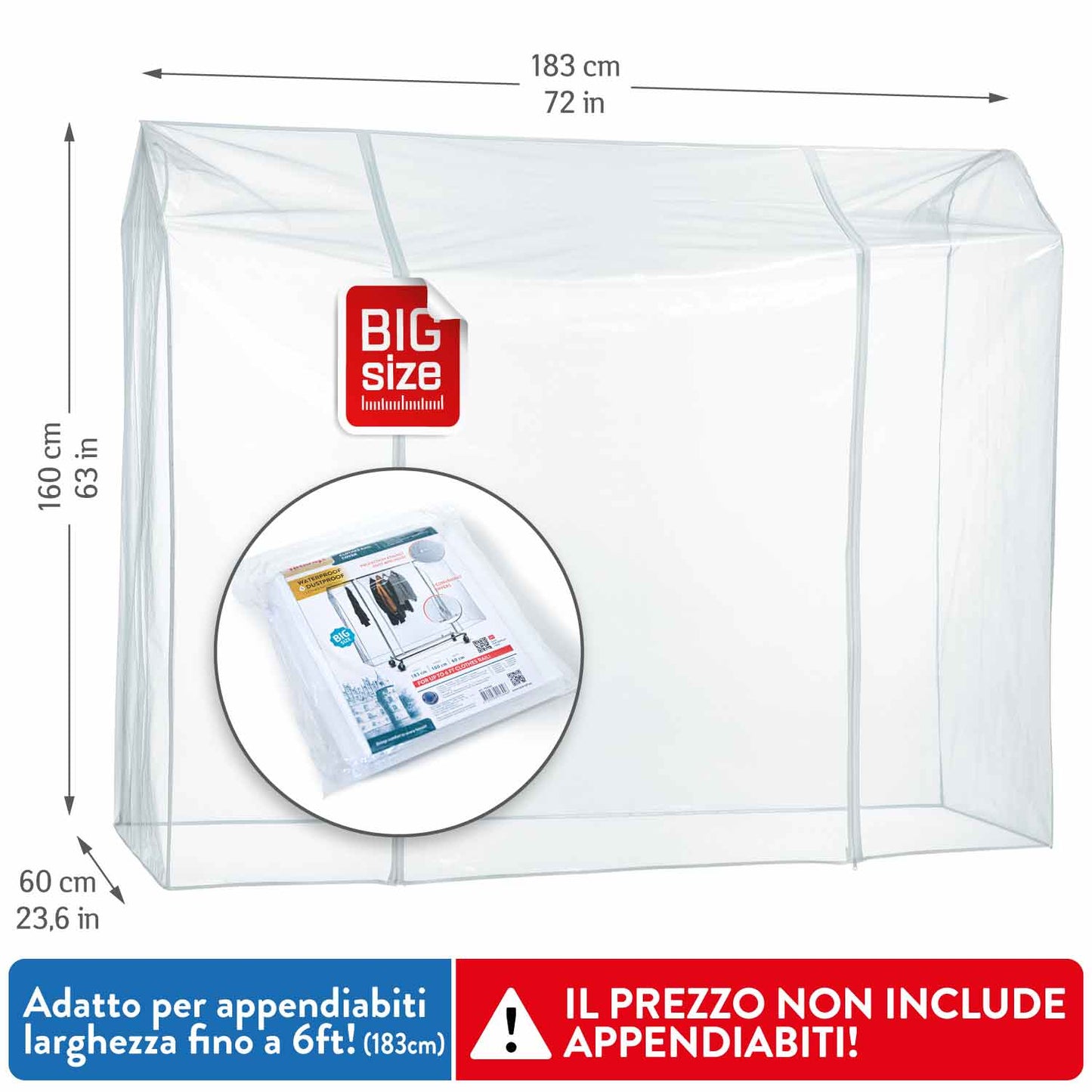 Copertura Protettiva Antipolvere per Stand Appendiabiti, Facile da aprire e chiudere,Trasparente, L183 cm, Tatkraft Big, 4