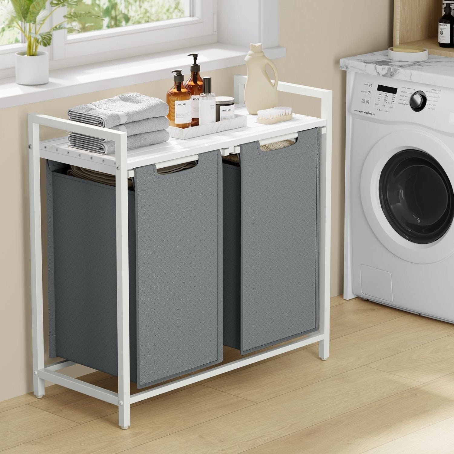 Cesto Portabiancheria SONGMICS 110L - Con 2 Sacchi Rimovibili, Coperchio, Ruote, Nero E Grigio - Foto 9