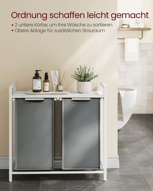 Cesto Portabiancheria, 2 x 46L, Portabiancheria Sporca, 2 Sacchi, Estraibili e Rimovibili, Struttura Metallo, Bianco, VASAGLE, 4