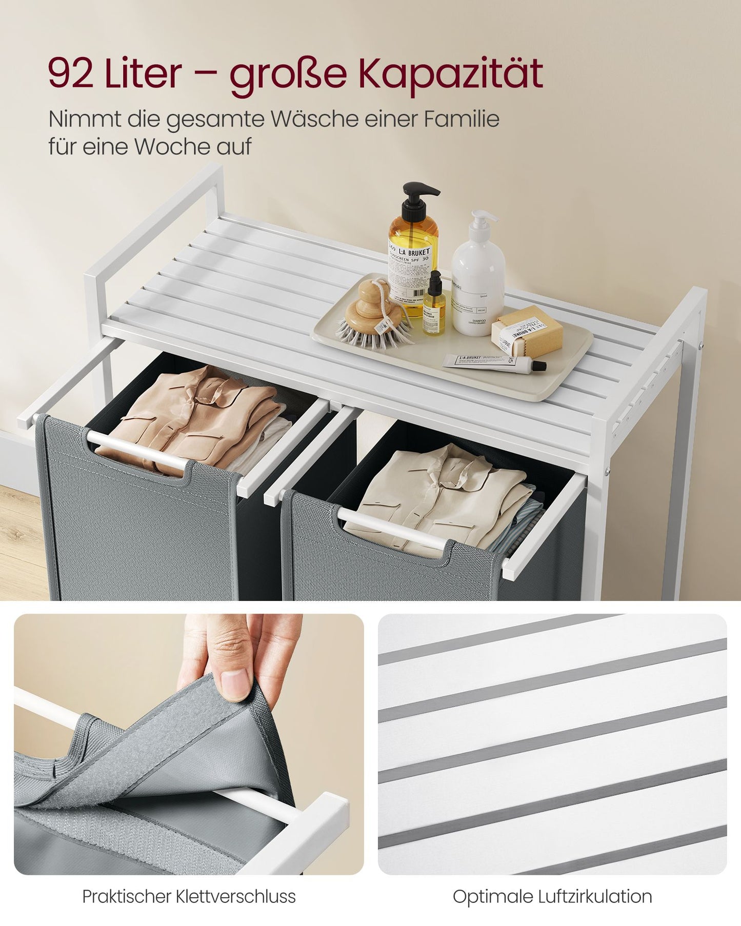 Cesto Portabiancheria, 2 x 46L, Portabiancheria Sporca, 2 Sacchi, Estraibili e Rimovibili, Struttura Metallo, Bianco, VASAGLE, 5