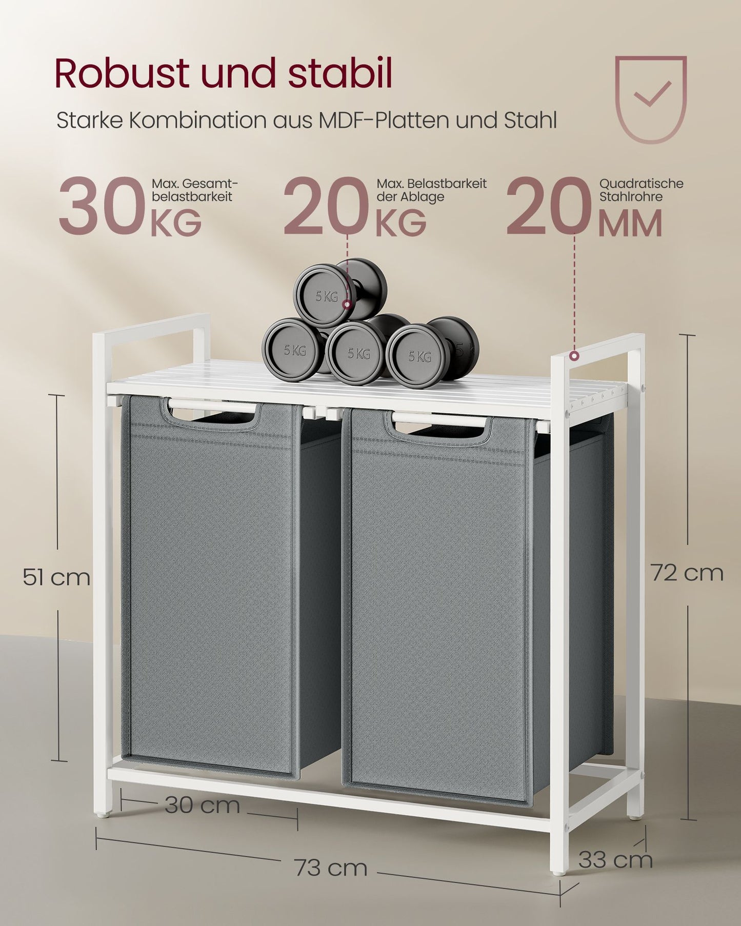 Cesto Portabiancheria, 2 x 46L, Portabiancheria Sporca, 2 Sacchi, Estraibili e Rimovibili, Struttura Metallo, Bianco, VASAGLE, 7