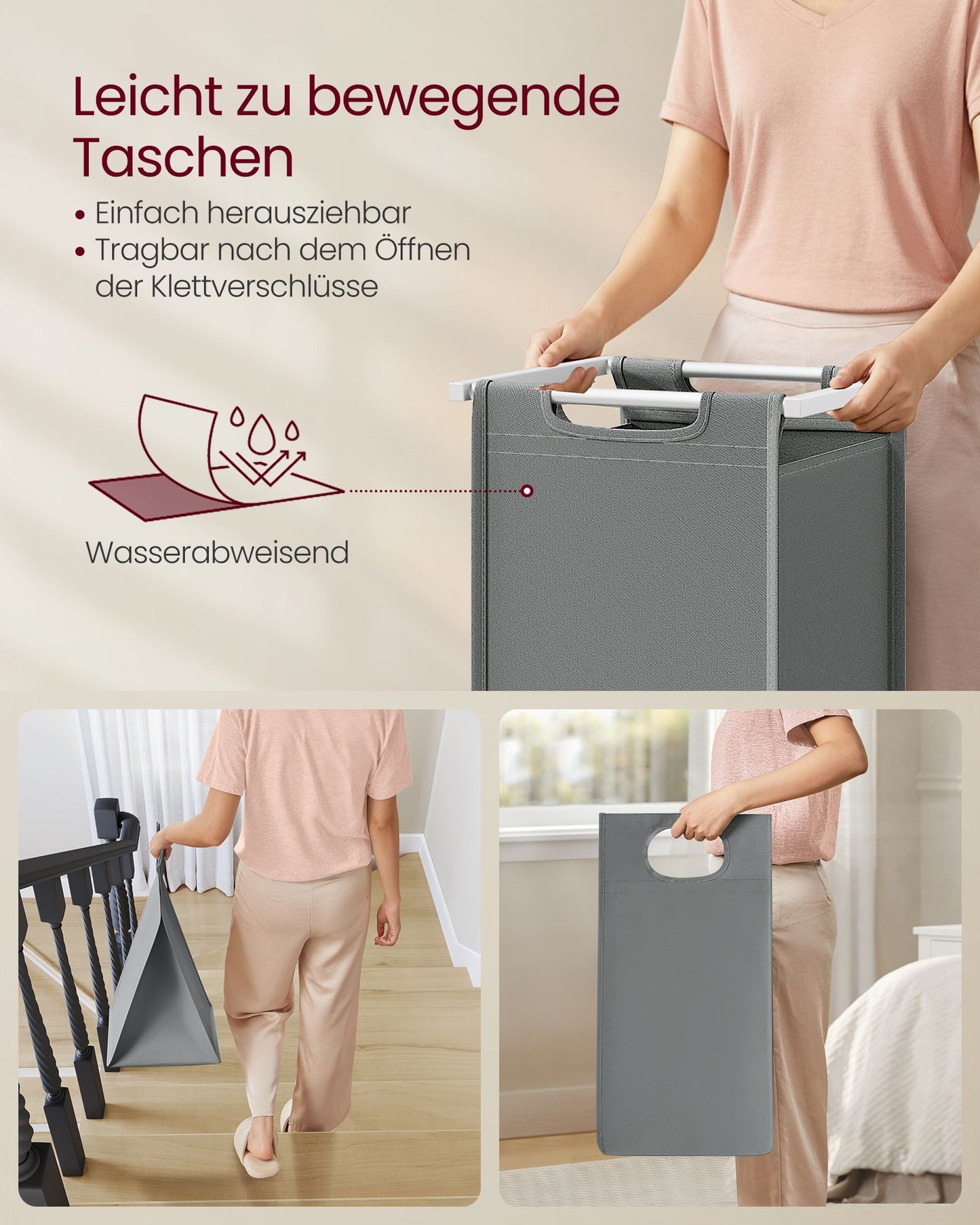 Cesto Portabiancheria, 2 x 46L, Portabiancheria Sporca, 2 Sacchi, Estraibili e Rimovibili, Struttura Metallo, Bianco, VASAGLE, 8