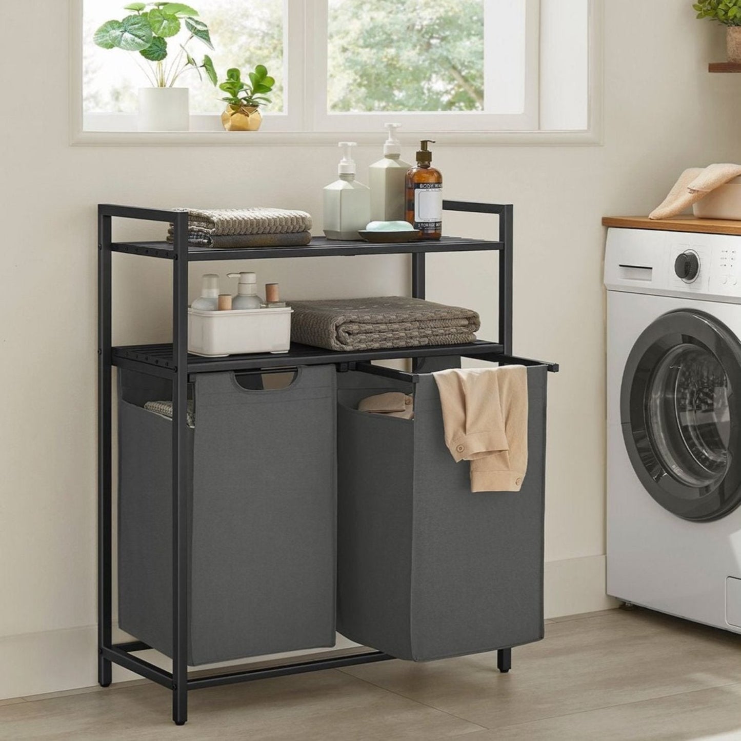 Cesto Portabiancheria, 2 x 46 L, Portabiancheria Sporca, con 2 Sacchi, 2 Ripiani Portaoggetti, Nero e Grigio, VASAGLE, 1