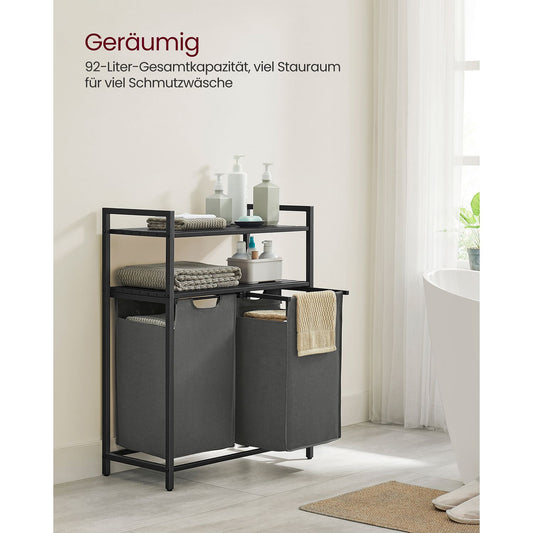 Cesto Portabiancheria, 2 x 46 L, Portabiancheria Sporca, con 2 Sacchi, 2 Ripiani Portaoggetti, Nero e Grigio, VASAGLE, 4
