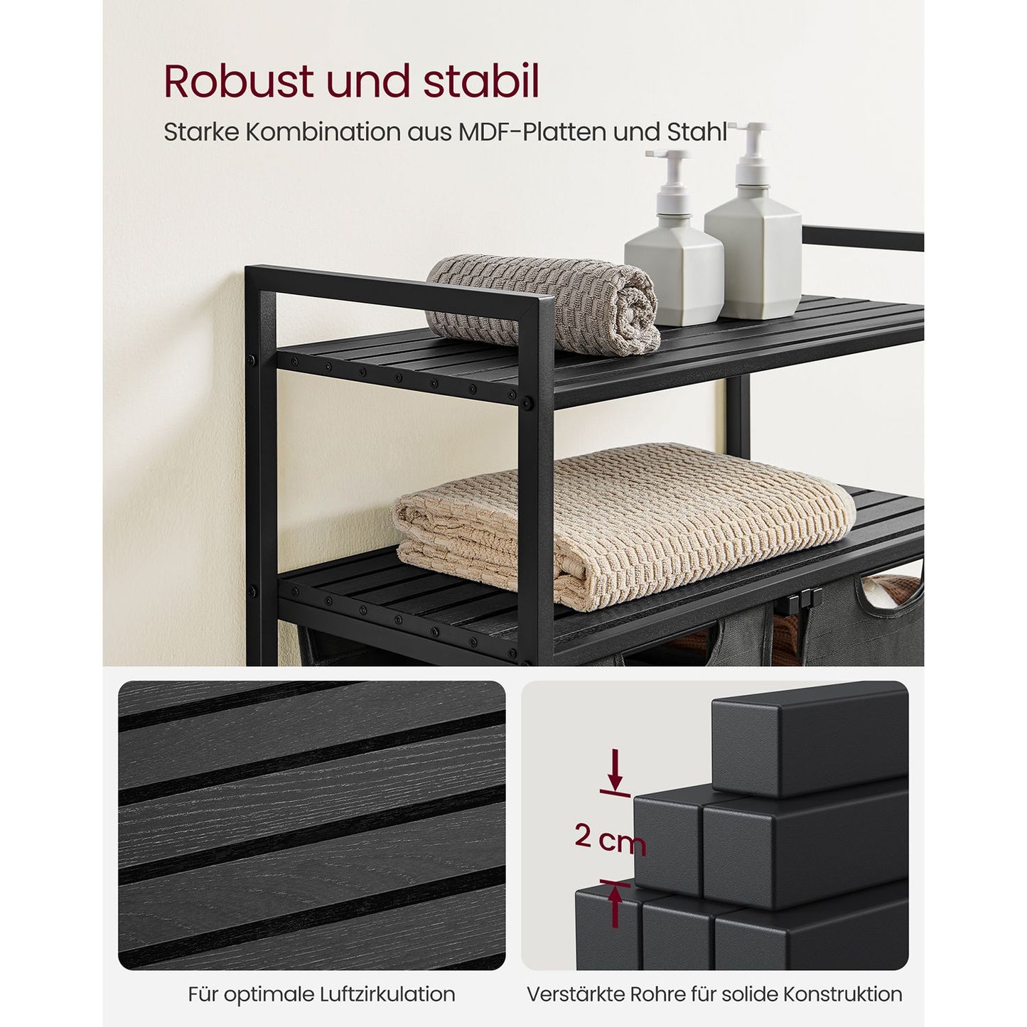 Cesto Portabiancheria, 2 x 46 L, Portabiancheria Sporca, con 2 Sacchi, 2 Ripiani Portaoggetti, Nero e Grigio, VASAGLE, 6