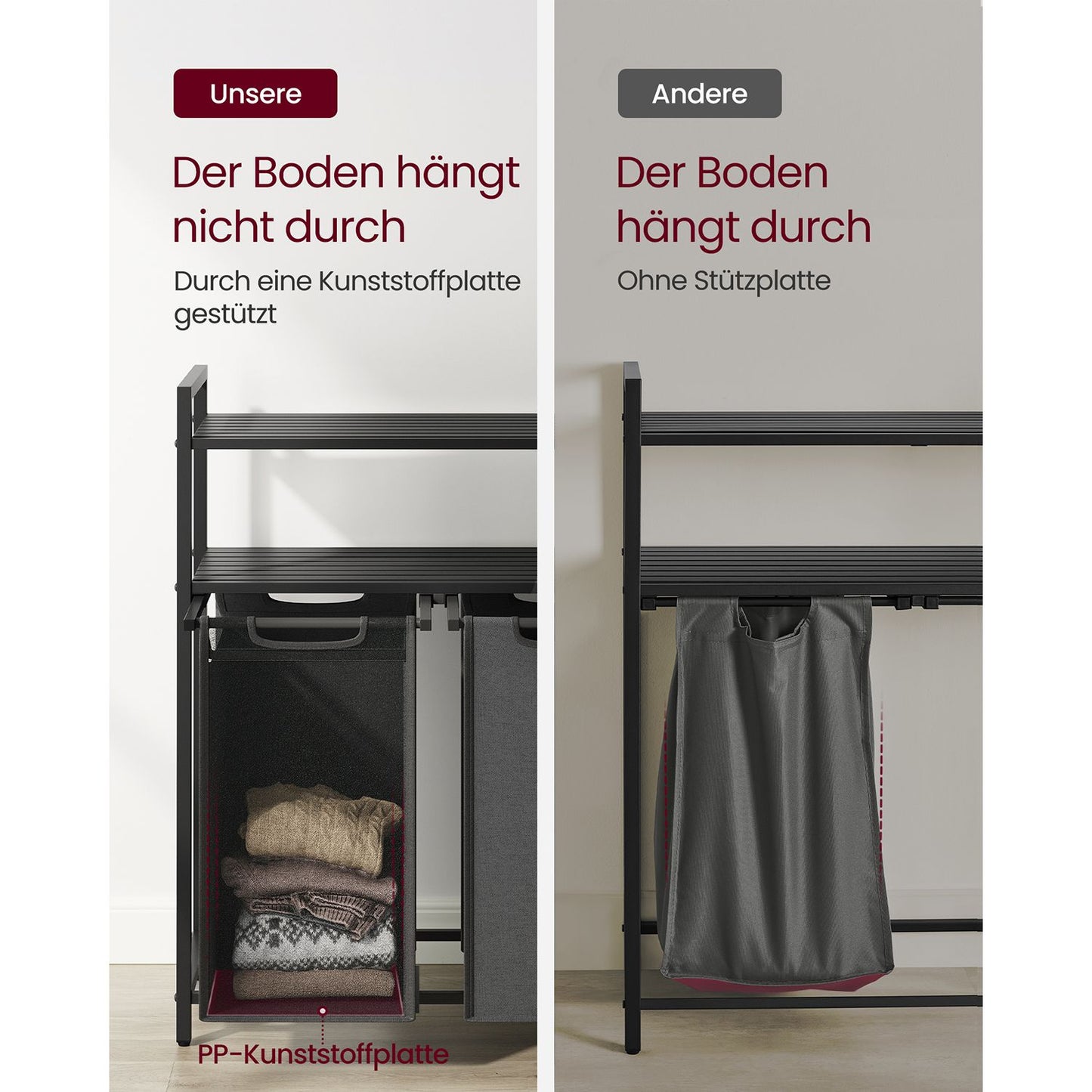 Cesto Portabiancheria, 2 x 46 L, Portabiancheria Sporca, con 2 Sacchi, 2 Ripiani Portaoggetti, Nero e Grigio, VASAGLE, 7