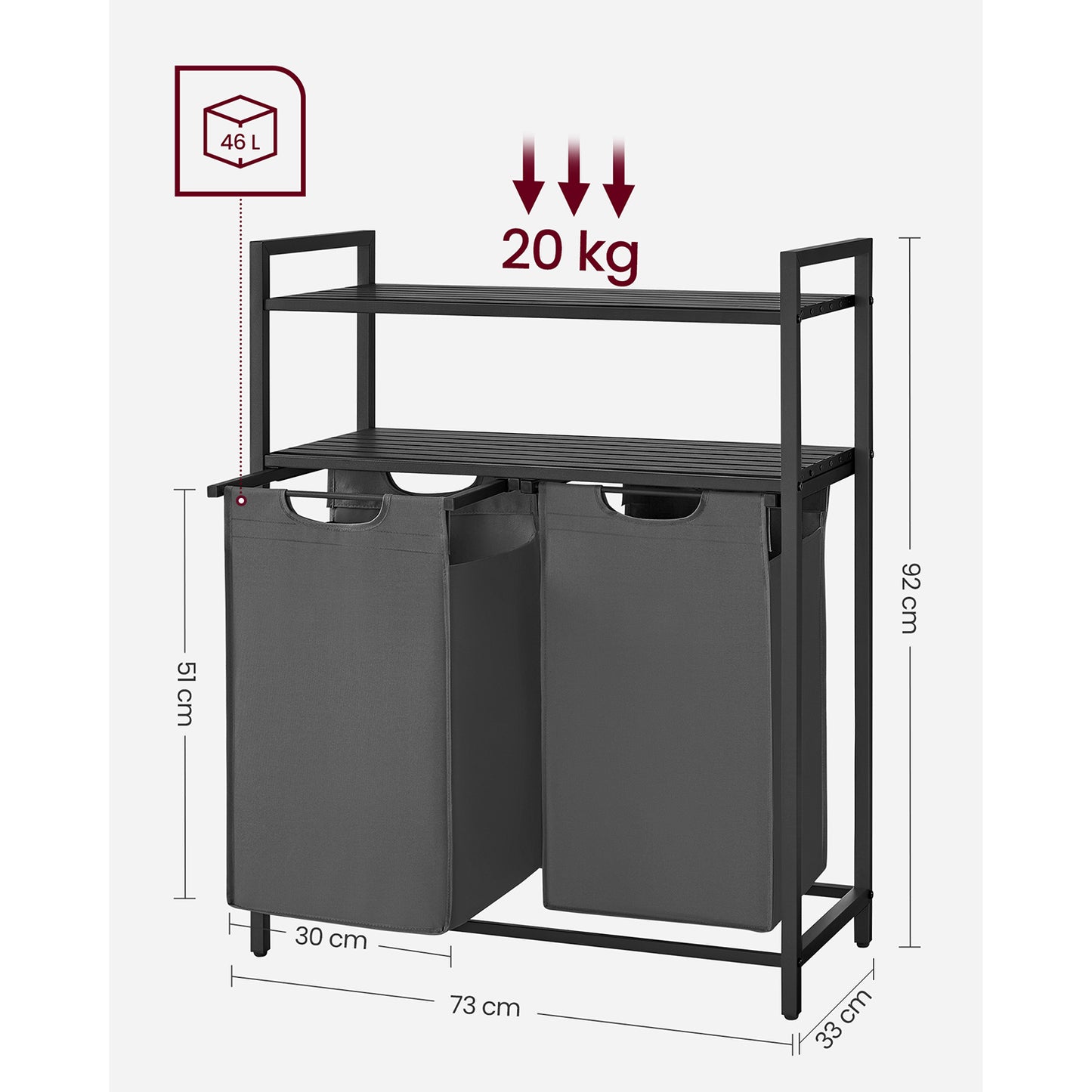 Cesto Portabiancheria, 2 x 46 L, Portabiancheria Sporca, con 2 Sacchi, 2 Ripiani Portaoggetti, Nero e Grigio, VASAGLE, 8