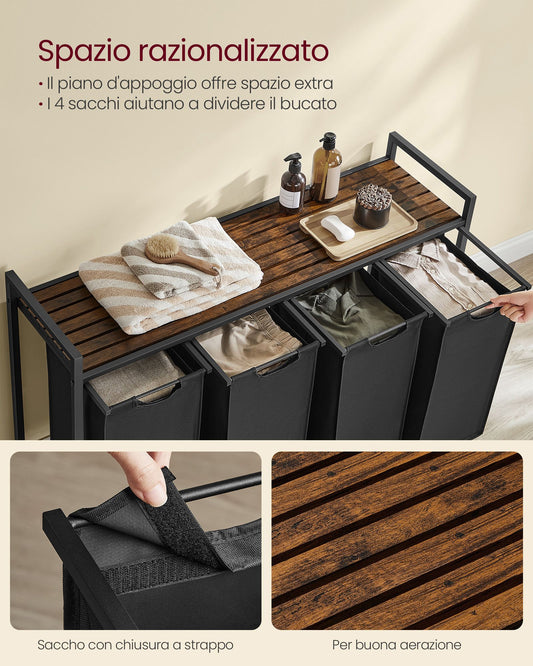 Cesto Portabiancheria, 4 x 40 L, Cesto Biancheria, 4 Sacchi, Estraibili, Struttura Metallo, Marrone Nero, VASAGLE, 5