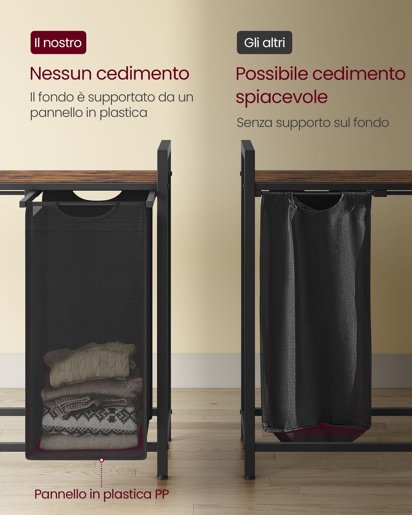 Cesto Portabiancheria, 4 x 40 L, Cesto Biancheria, 4 Sacchi, Estraibili, Struttura Metallo, Marrone Nero, VASAGLE, 6