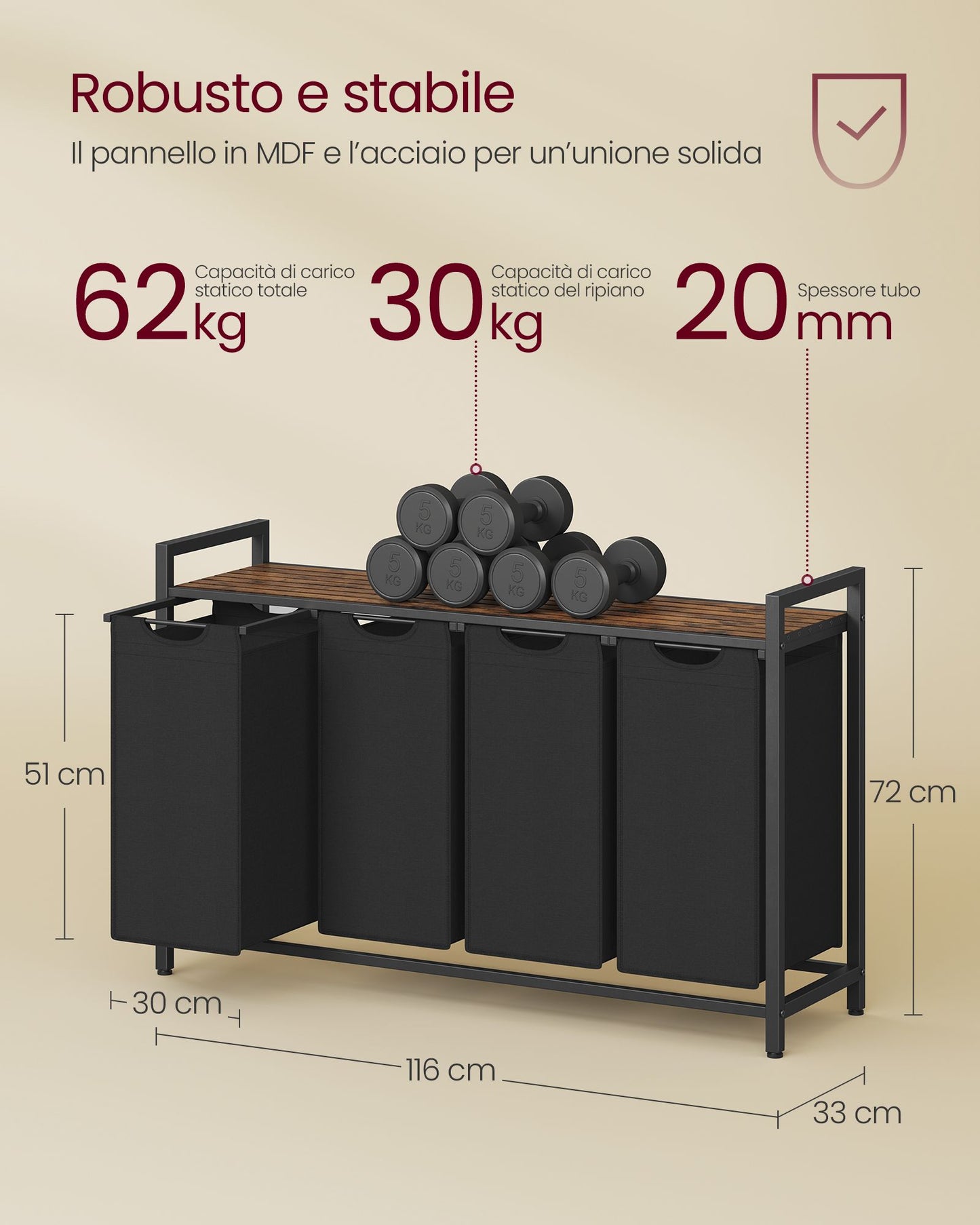 Cesto Portabiancheria, 4 x 40 L, Cesto Biancheria, 4 Sacchi, Estraibili, Struttura Metallo, Marrone Nero, VASAGLE, 7
