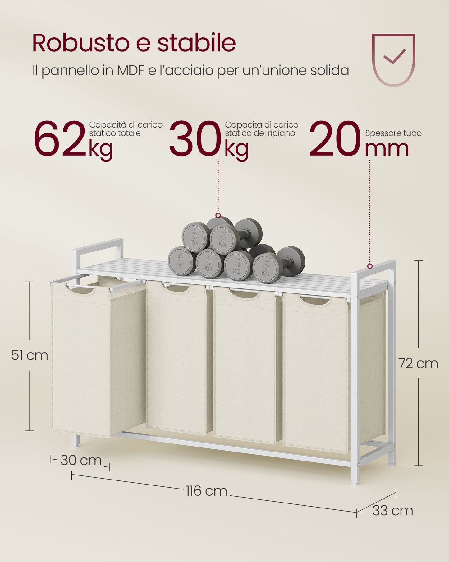 Cesto Portabiancheria, 4 x 40 L, Portabiancheria Sporca, 4 Sacchi Estraibili e Rimovibili, Struttura Metallo, Bianco, VASAGLE, 6
