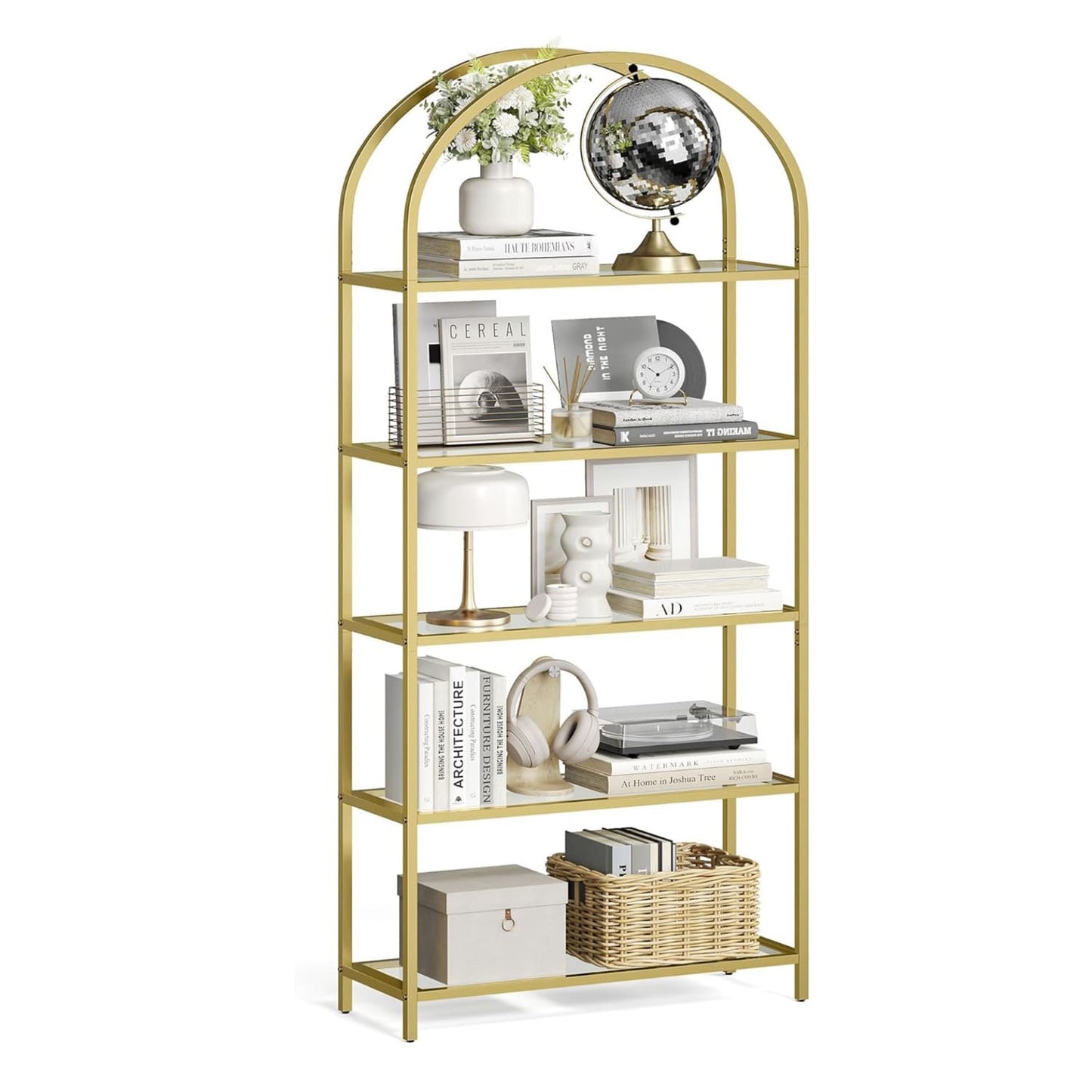 Libreria, Libreria con 5 ripiani, Libreria Dorata, in Vetro Temperato, Struttura in Metallo, Color oro, Vasagle, 3