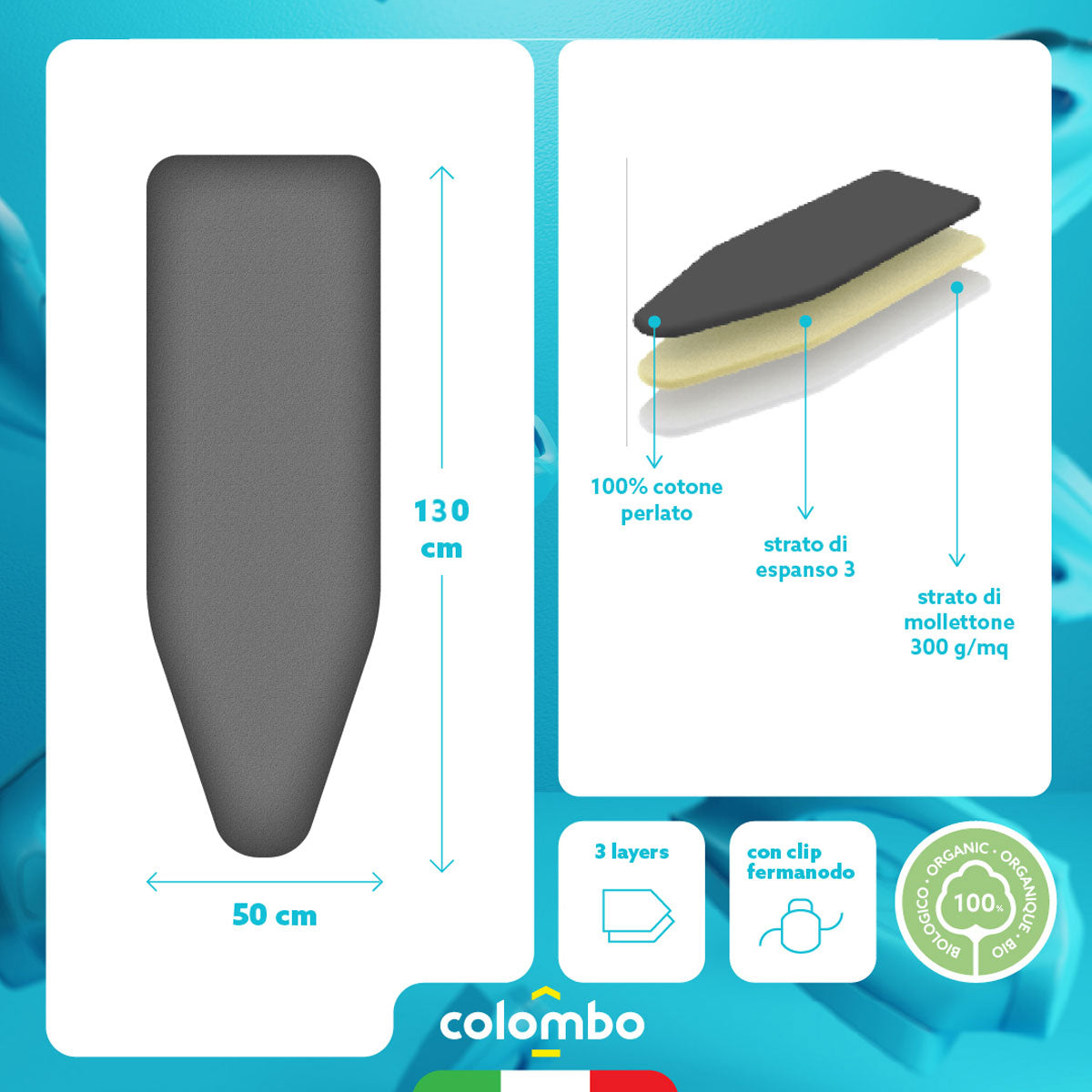 Colombo Perlate L - Copriasse da stiro, Foderina 3 strati, 130x50 cm