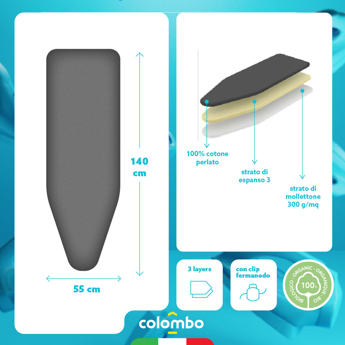 Colombo Perlate XL - Copriasse da stiro, Foderina 3 strati, 140x55 cm