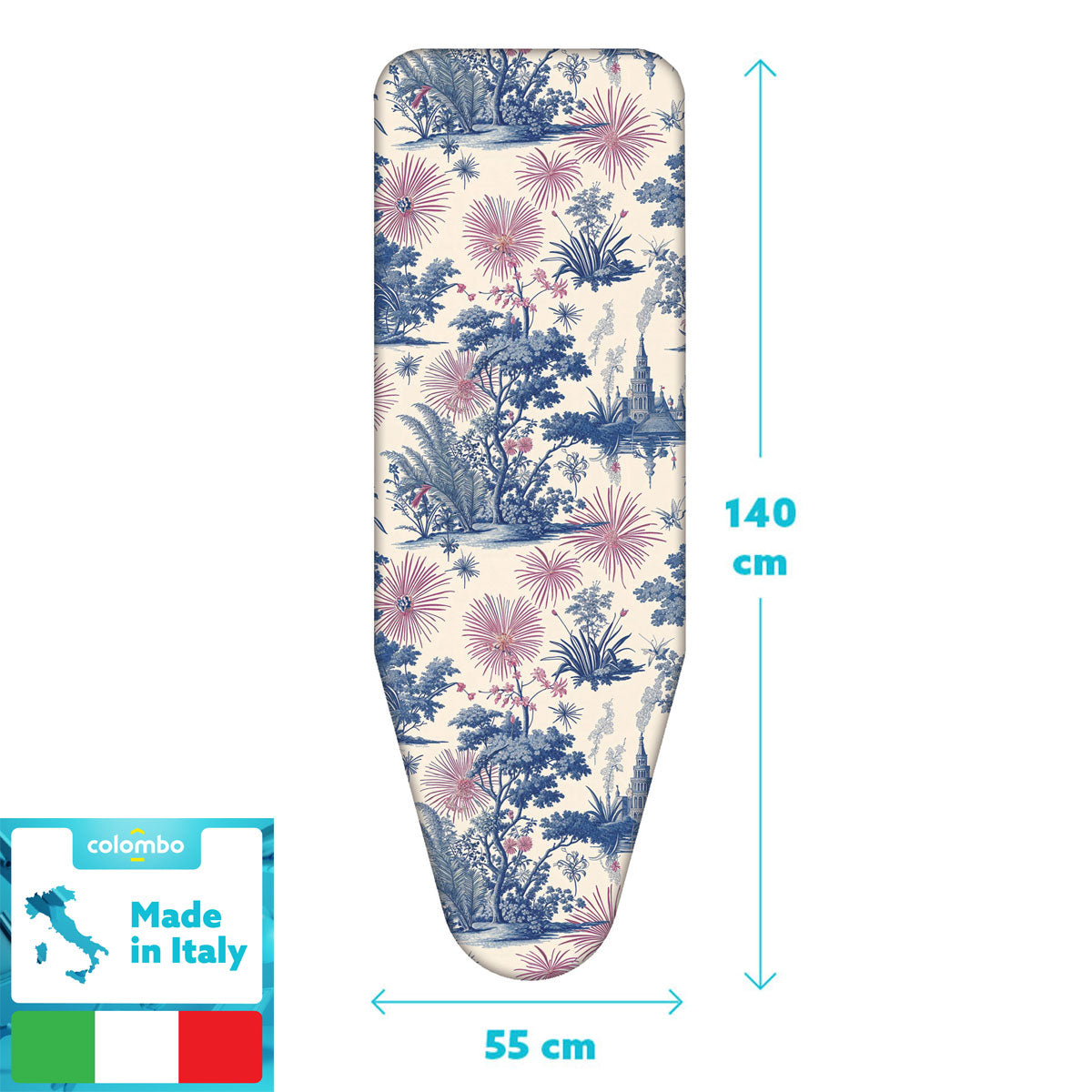Colombo Spring Blossom - Copriasse da stiro, 140x55 cm, 2 strati, Cotone 100% e mollettone, Made in Italy, Resistente al calore, Sistema a clip