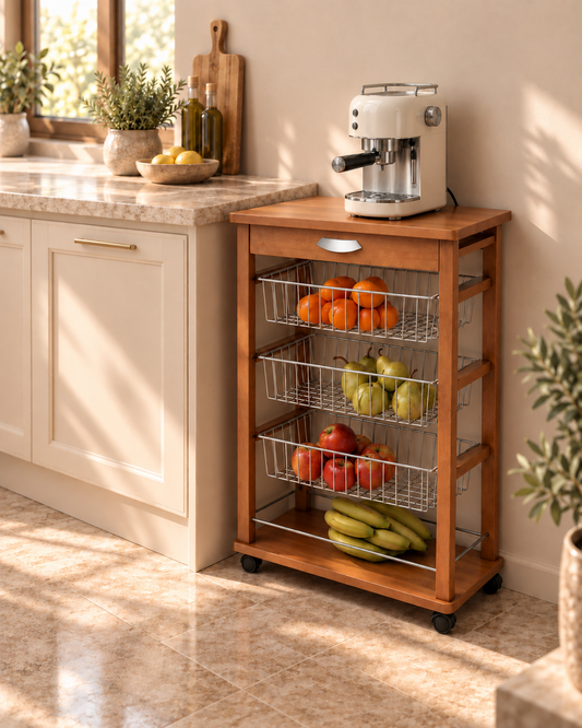 Carrello cucina, carrello cucina legno, carrello cucina salvaspazio, 3 cestini e ampio cassetto, ciliegio, ARIT, 2