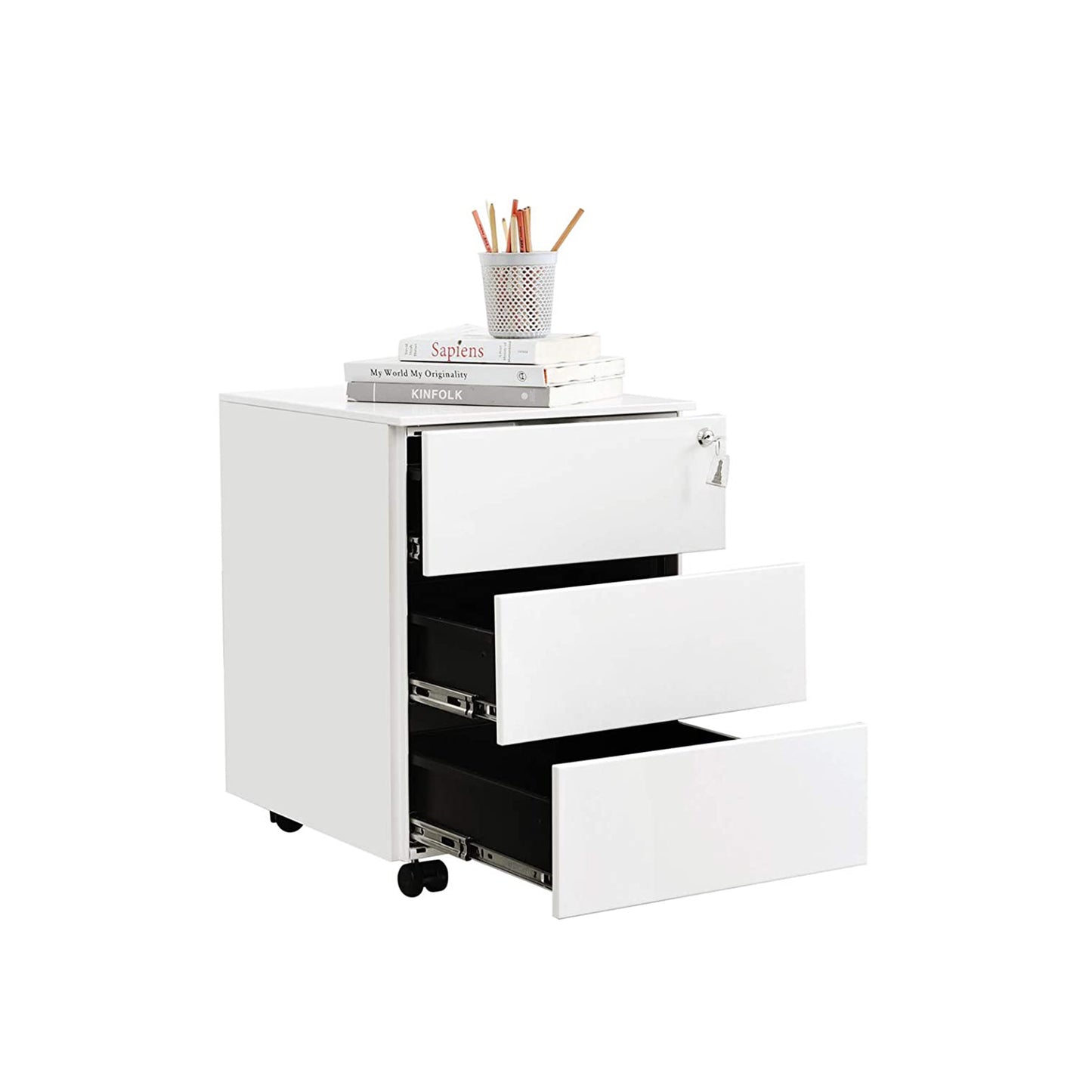 Сassettiera Metallo, 3 Cassetti e Serratura, Cassettiera Scrivania, Cassettiera Ufficio, con Ruote, Bianco, Songmics, 2