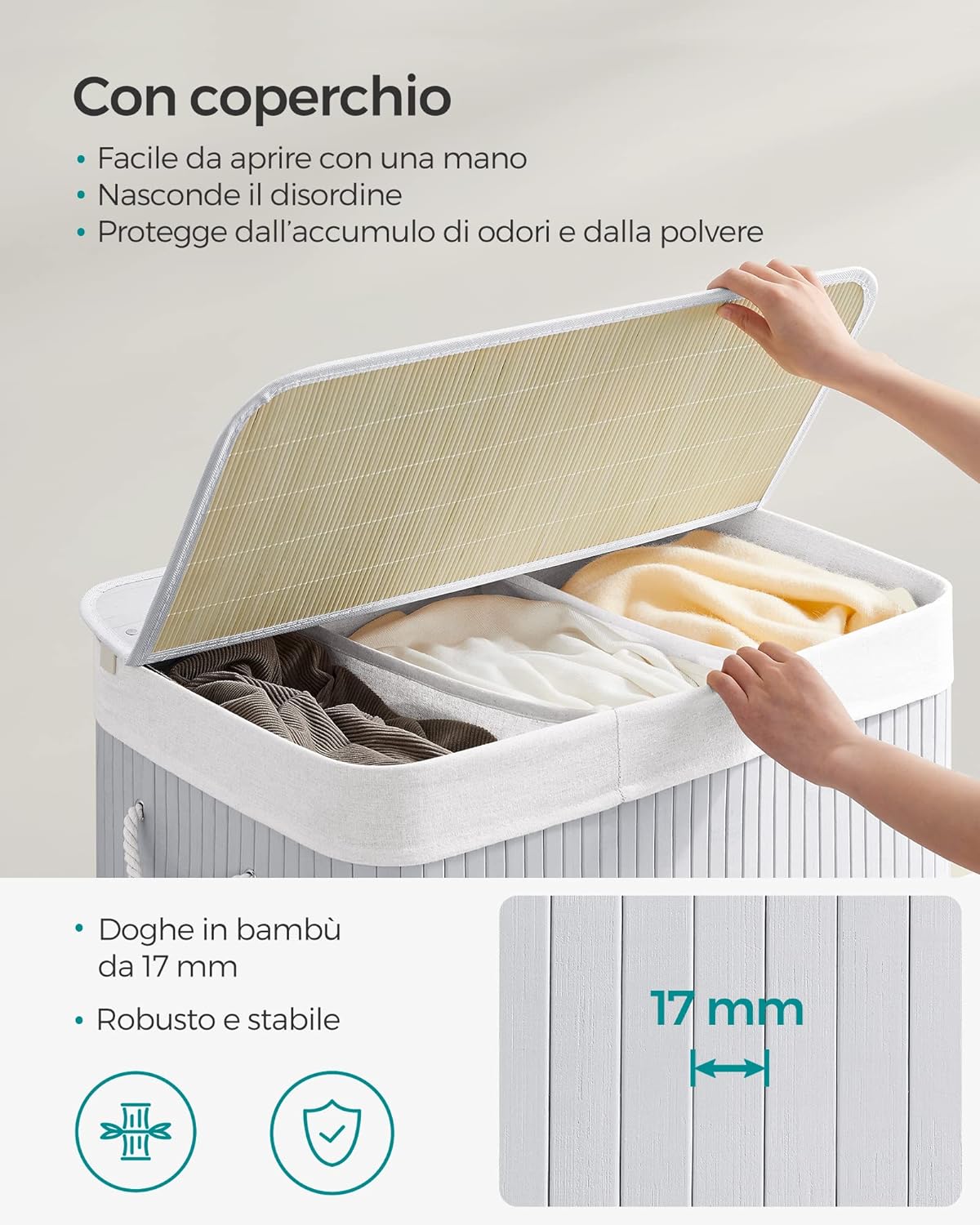 Songmics, Cesto Portabiancheria, 3 Scomparti, Cesto Portabiancheria, Cesta Biancheria, Coperchio, Maniglie, Sacco, 3