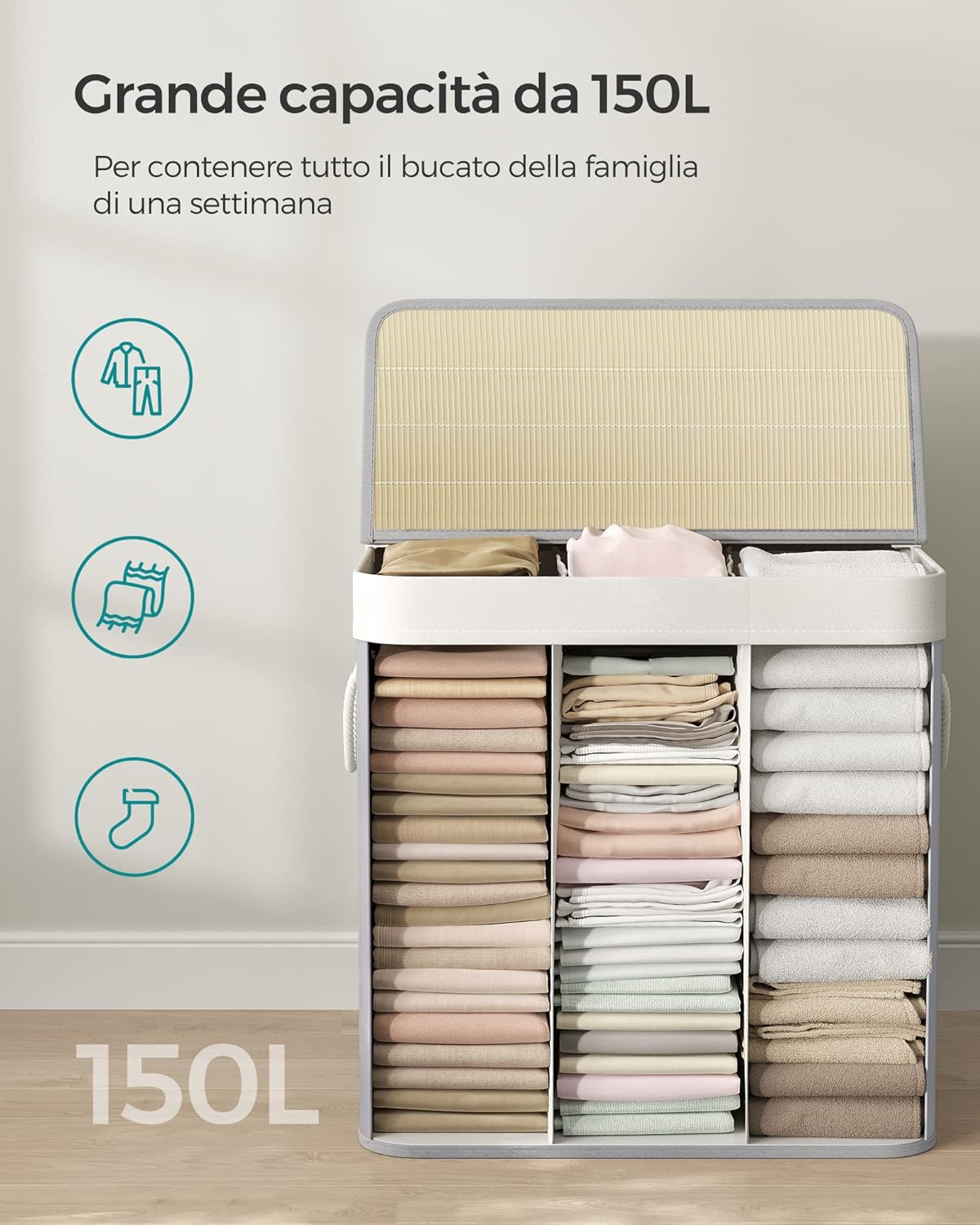 Songmics, Cesto Portabiancheria, 3 Scomparti, Cesto Portabiancheria, Cesta Biancheria, Coperchio, Maniglie, Sacco, 2