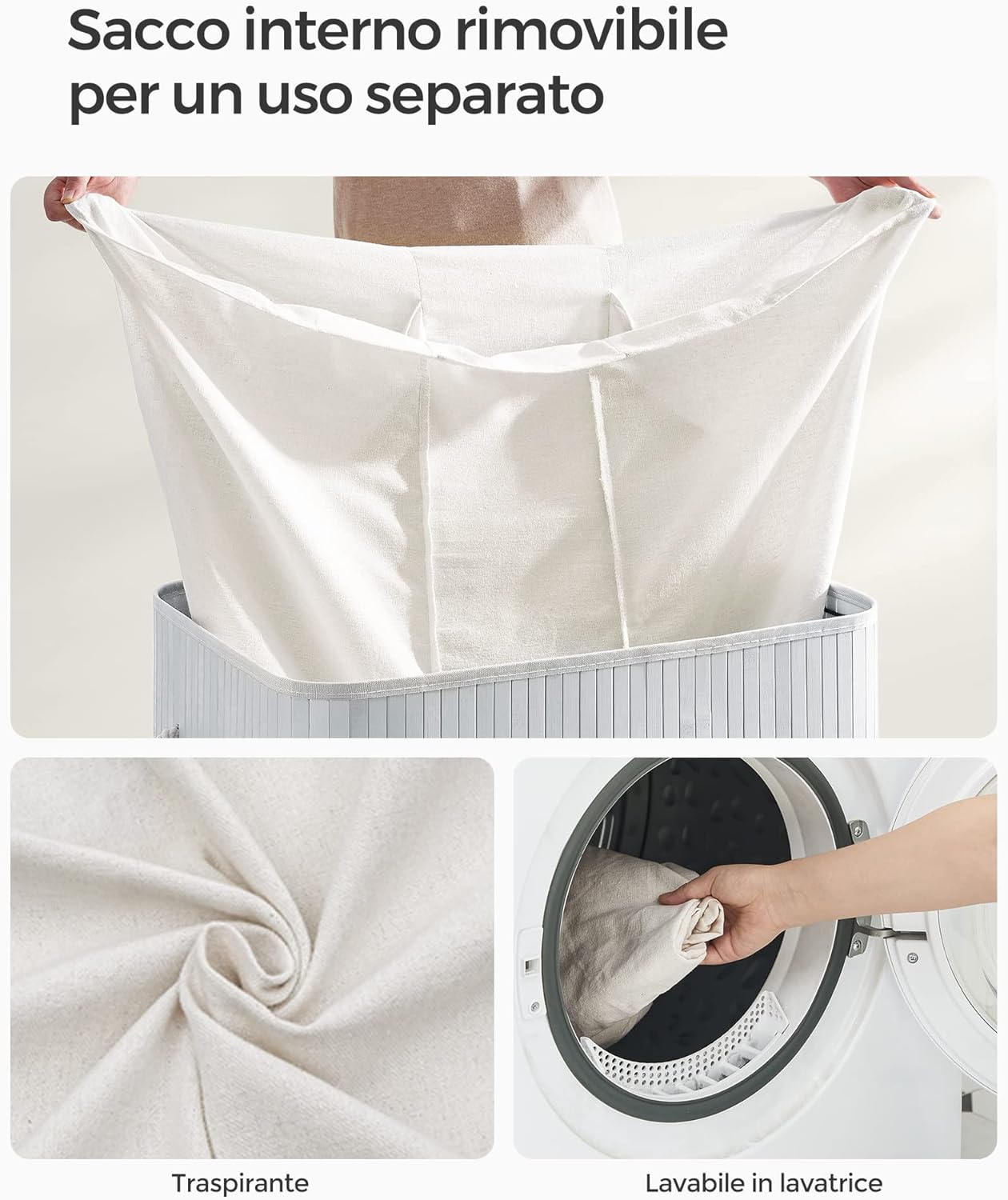 Songmics, Cesto Portabiancheria, 3 Scomparti, Cesto Portabiancheria, Cesta Biancheria, Coperchio, Maniglie, Sacco, 4
