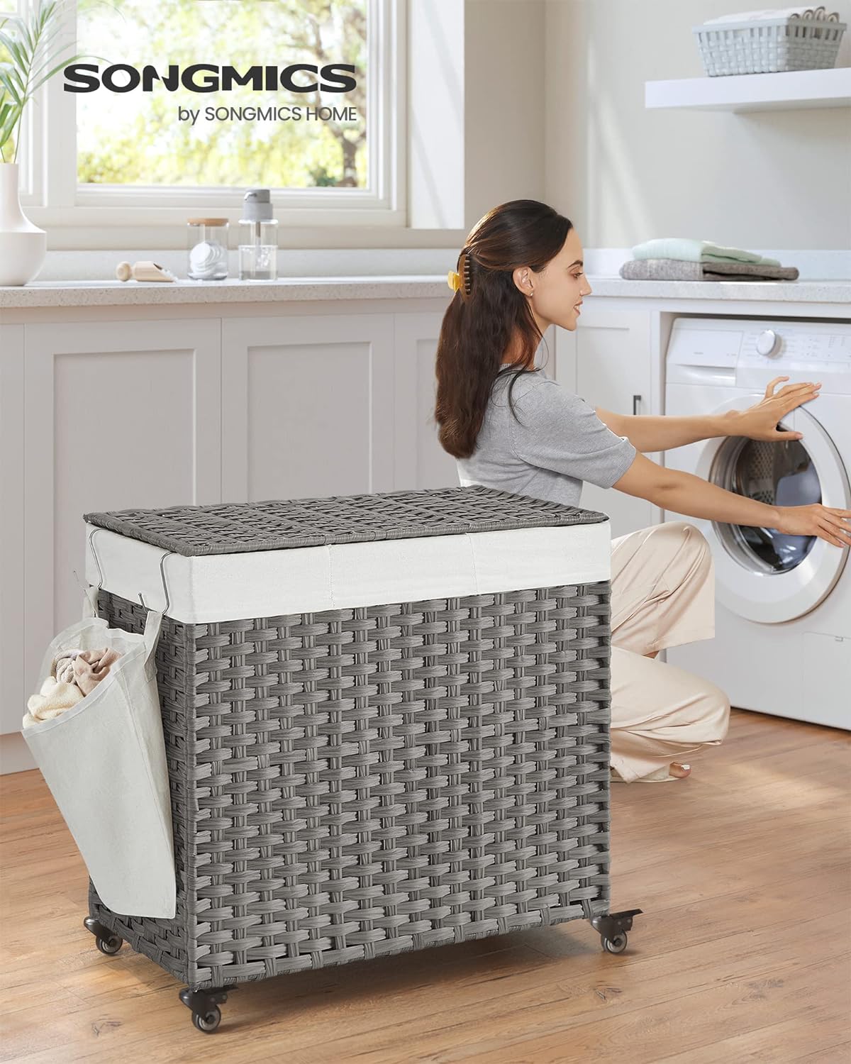 Songmics, Cesto Portabiancheria Vimini, Cesta Panni Sporchi, con coperchio, 140 l, ruote, 3 scomparti, borsa rimovibile, 8