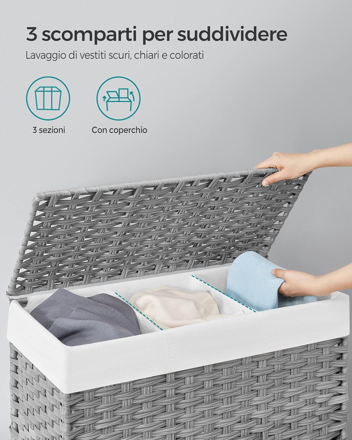 Songmics, Cesto Portabiancheria Vimini, Cesta Panni Sporchi, con coperchio, 140 l, ruote, 3 scomparti, borsa rimovibile, 1