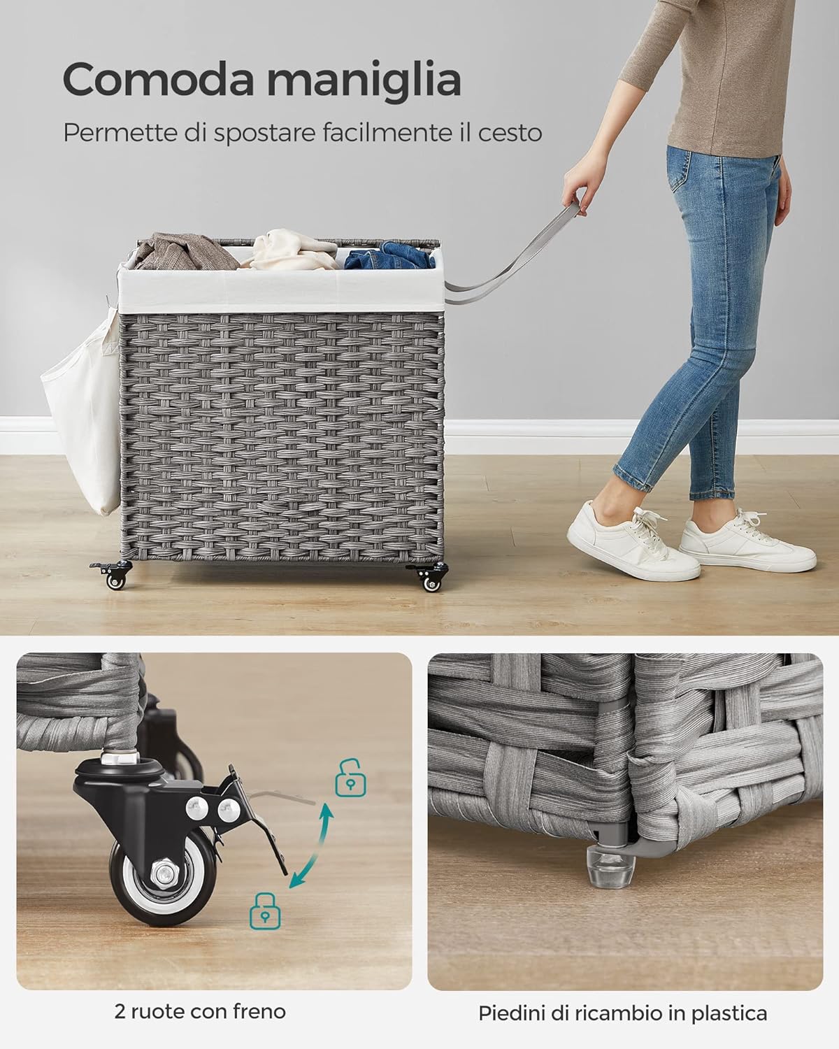 Songmics, Cesto Portabiancheria Vimini, Cesta Panni Sporchi, con coperchio, 140 l, ruote, 3 scomparti, borsa rimovibile, 2