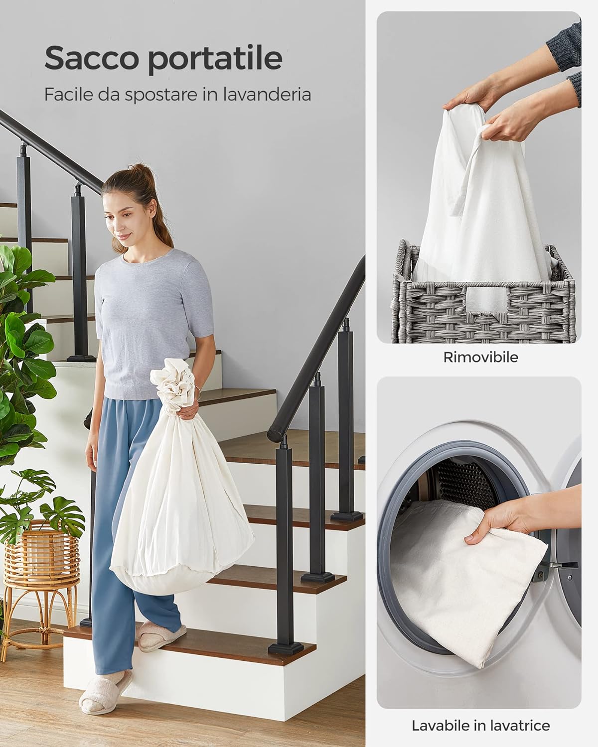 Songmics, Cesto Portabiancheria Vimini, Cesta Panni Sporchi, con coperchio, 140 l, ruote, 3 scomparti, borsa rimovibile, 5