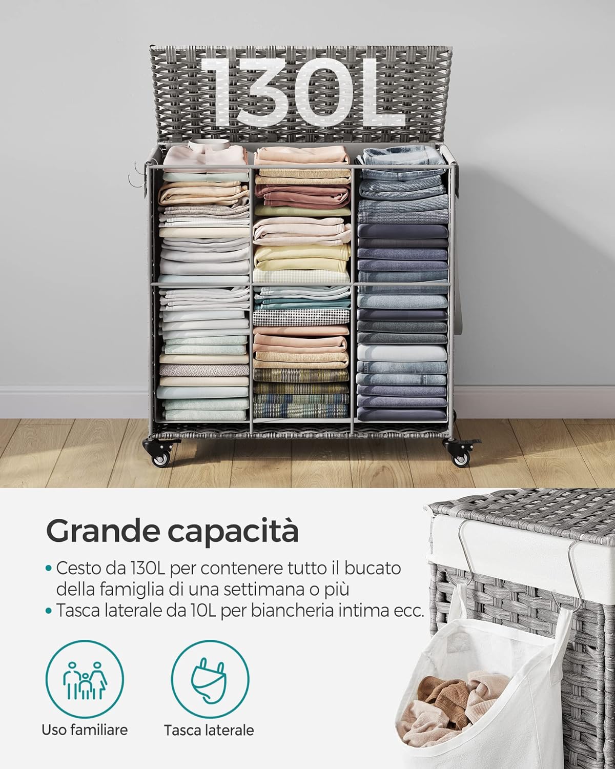 Songmics, Cesto Portabiancheria Vimini, Cesta Panni Sporchi, con coperchio, 140 l, ruote, 3 scomparti, borsa rimovibile, 3