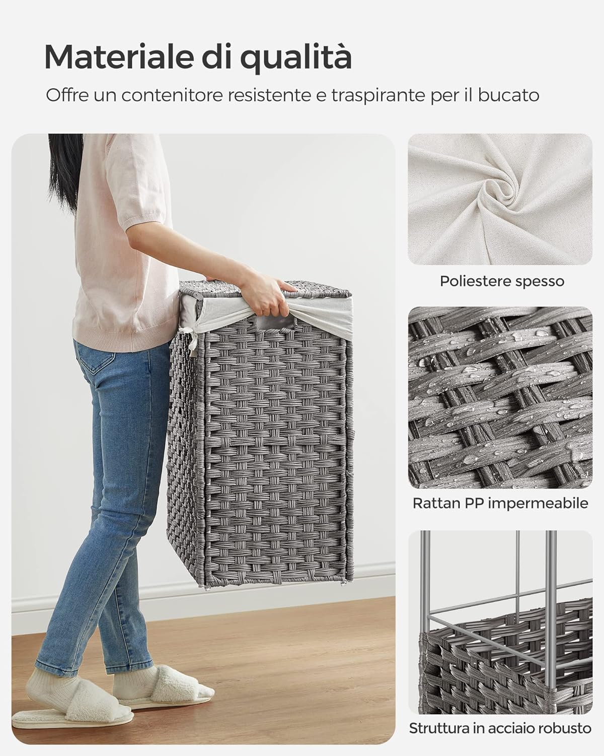 Songmics, Cesto Portabiancheria Vimini, Cesta Panni Sporchi, con coperchio, 140 l, ruote, 3 scomparti, borsa rimovibile, 4