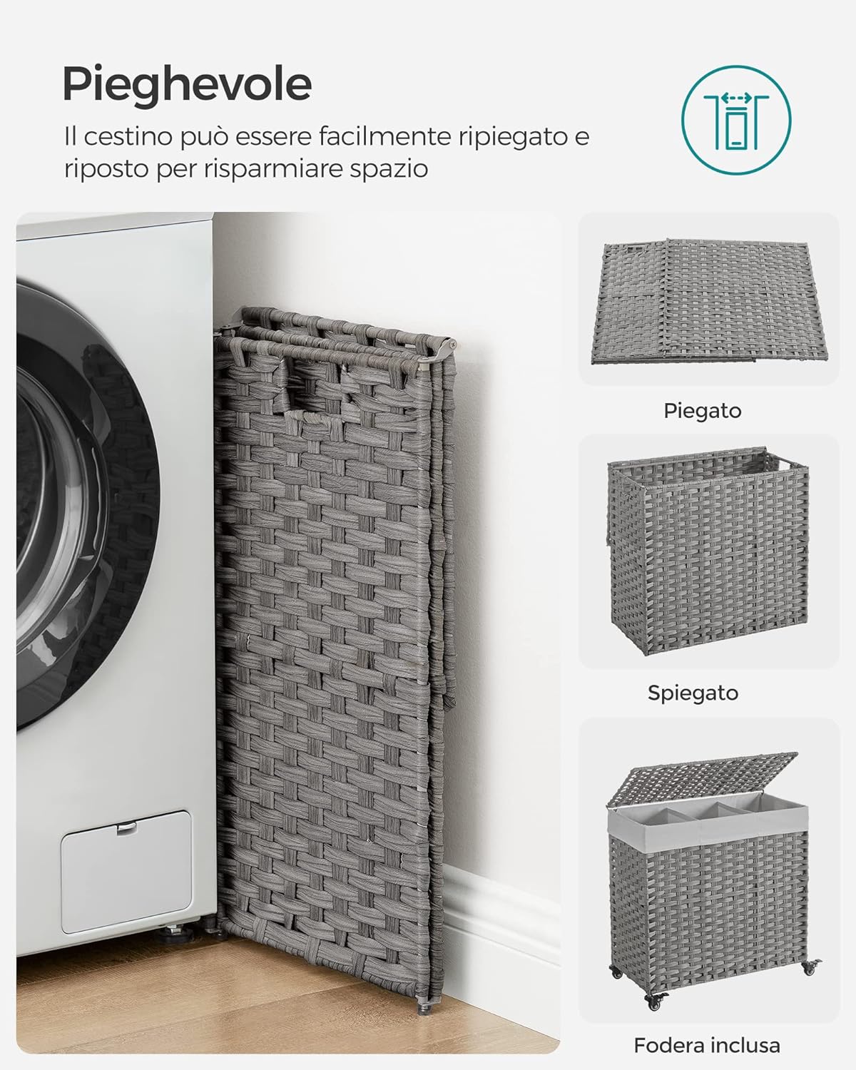 Songmics, Cesto Portabiancheria Vimini, Cesta Panni Sporchi, con coperchio, 140 l, ruote, 3 scomparti, borsa rimovibile, 6