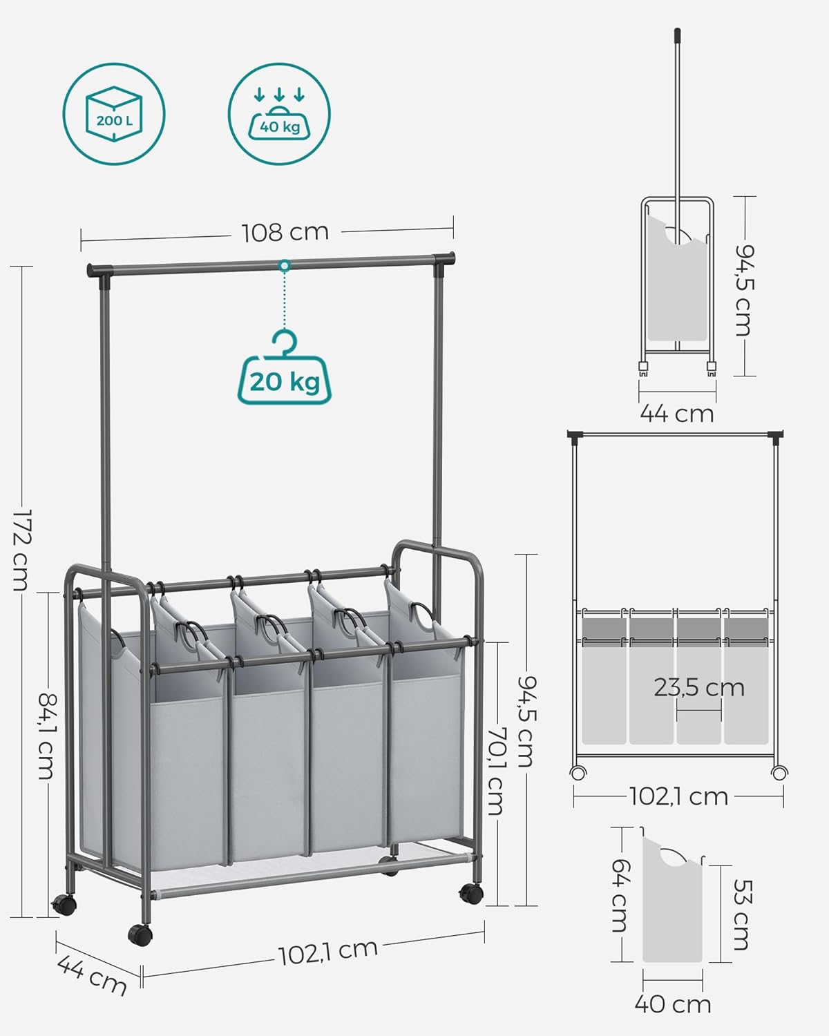 Songmics, Porta biancheria, Carrello Portabiancheria, 4 Scomparti, Cesto portabiancheria, asta, ruote con freno, 3