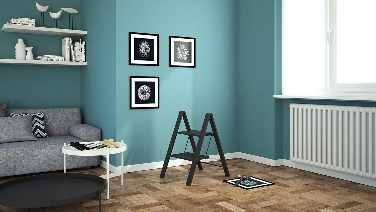 Scala a pioli, Scaletta 2 gradini, Scaletta Pieghevole, Scaletta alluminio, fino a 150 kg antiscivolo, Nero, Colombo Leonardo 2 , 3