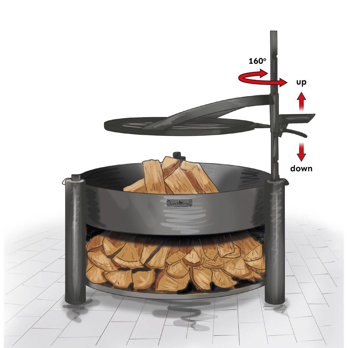 Braciere da giardino, con griglia multifunzione, braciere, griglia in acciaio, supporto verticale regolabile, Cook King, 5