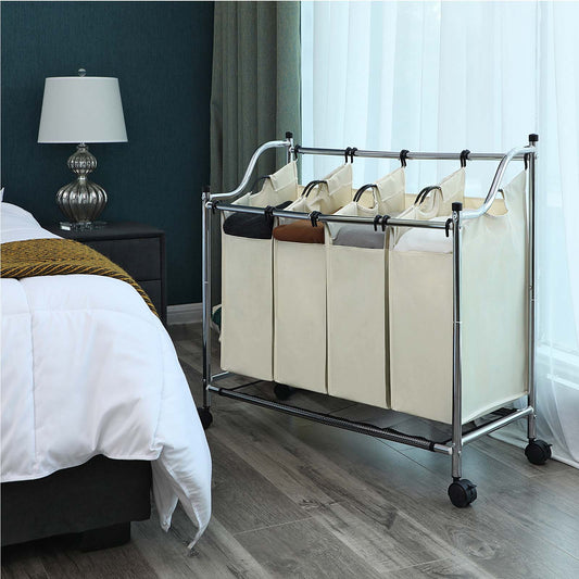 Cesto Portabiancheria, 4 x 35 L, Mobile Portabiancheria, con 4 Sacchi Rimovibili, Carrello per Lavanderia, Grigio, SONGMICS, 4